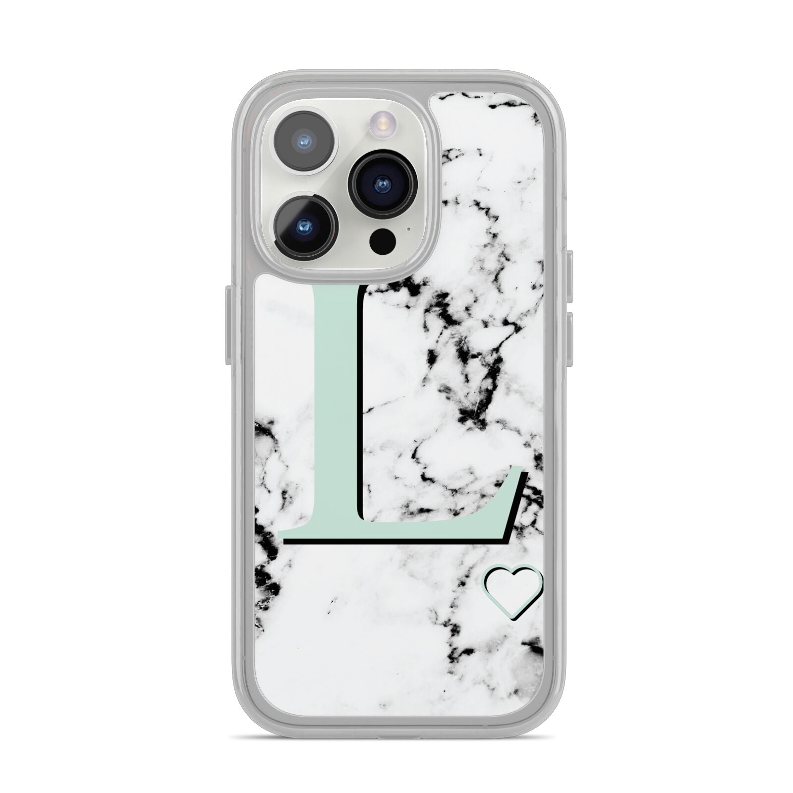 Personalised Mint Monogram Marble Heart iPhone 14 Pro Clear Tough Case Silver