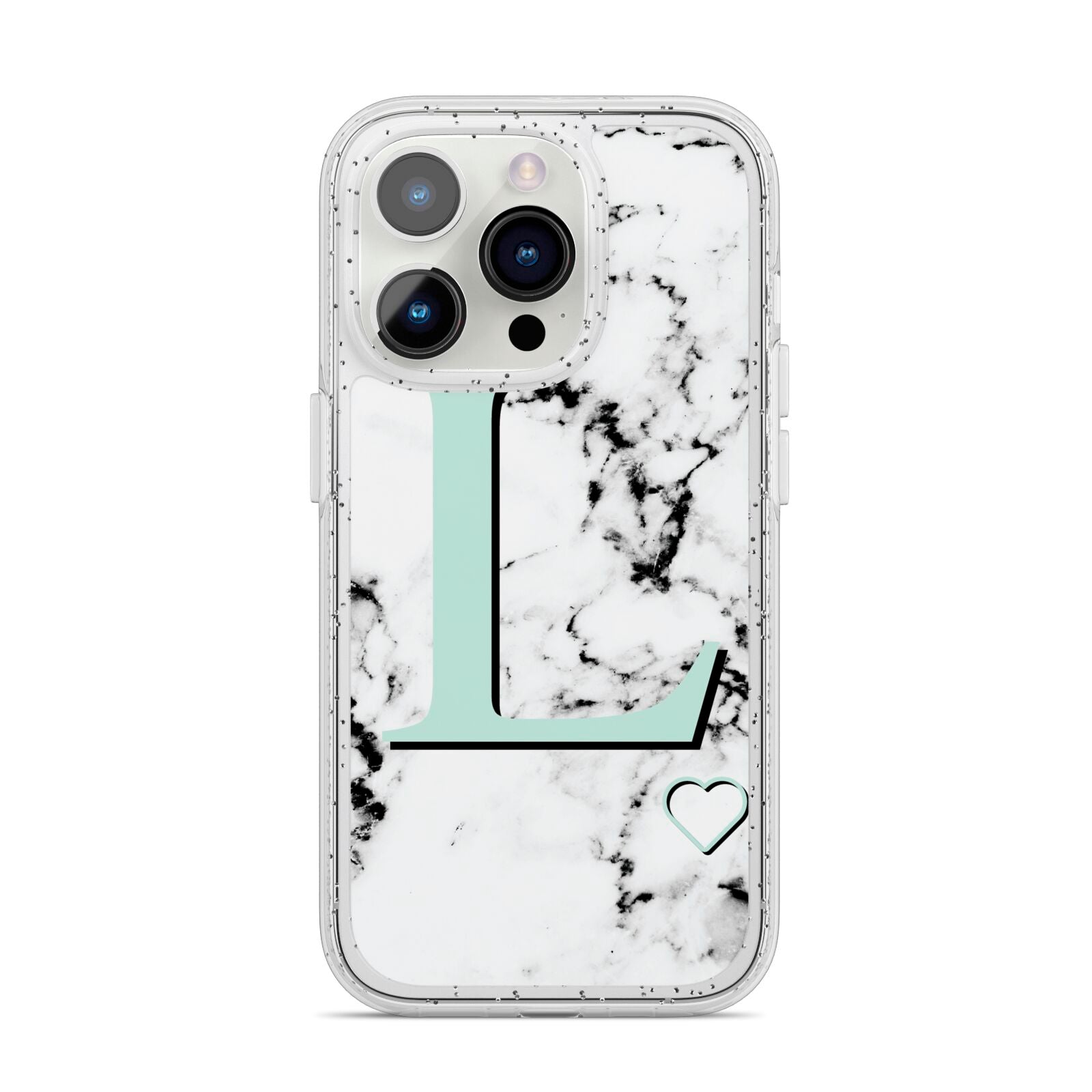 Personalised Mint Monogram Marble Heart iPhone 14 Pro Glitter Tough Case Silver