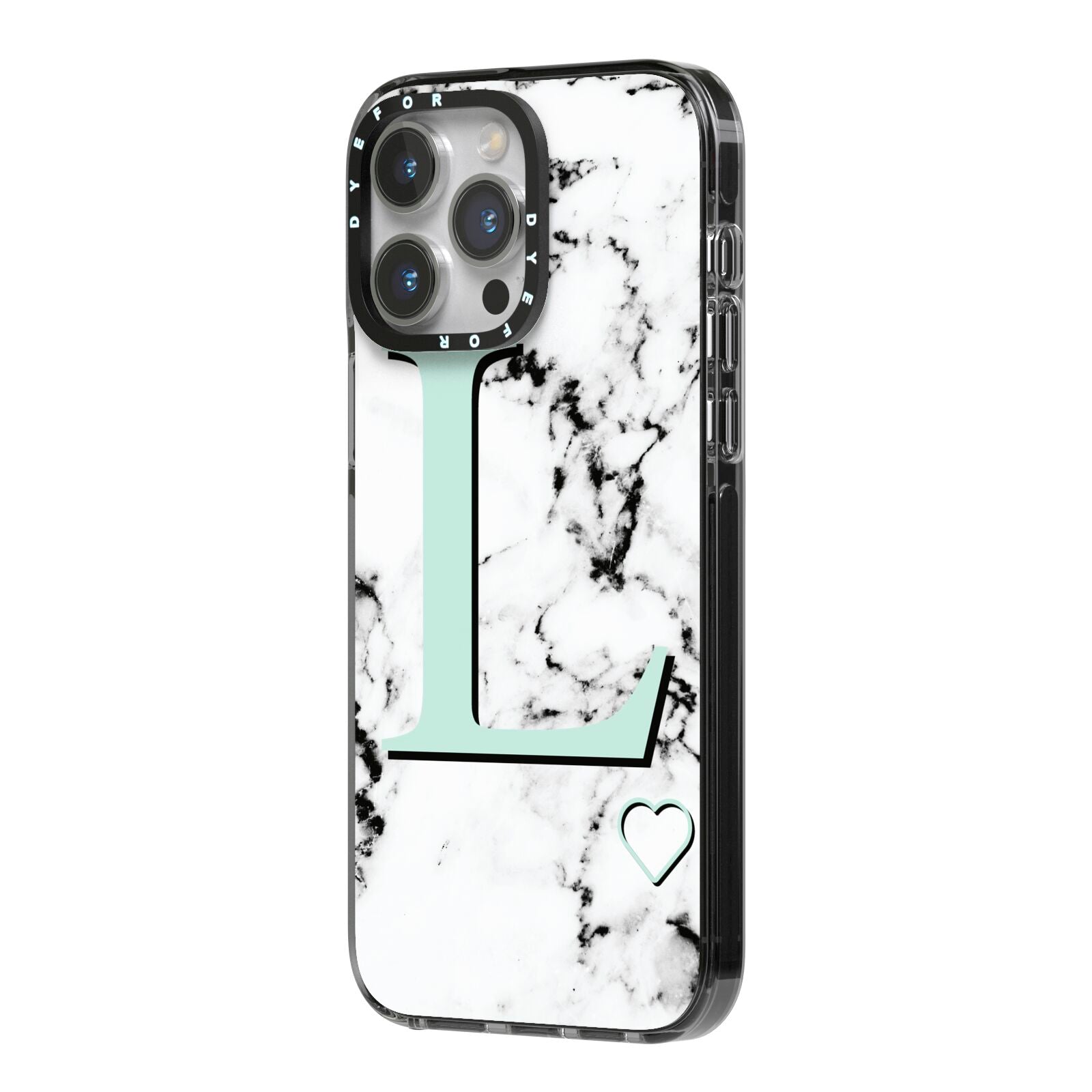 Personalised Mint Monogram Marble Heart iPhone 14 Pro Max Black Impact Case Side Angle on Silver phone