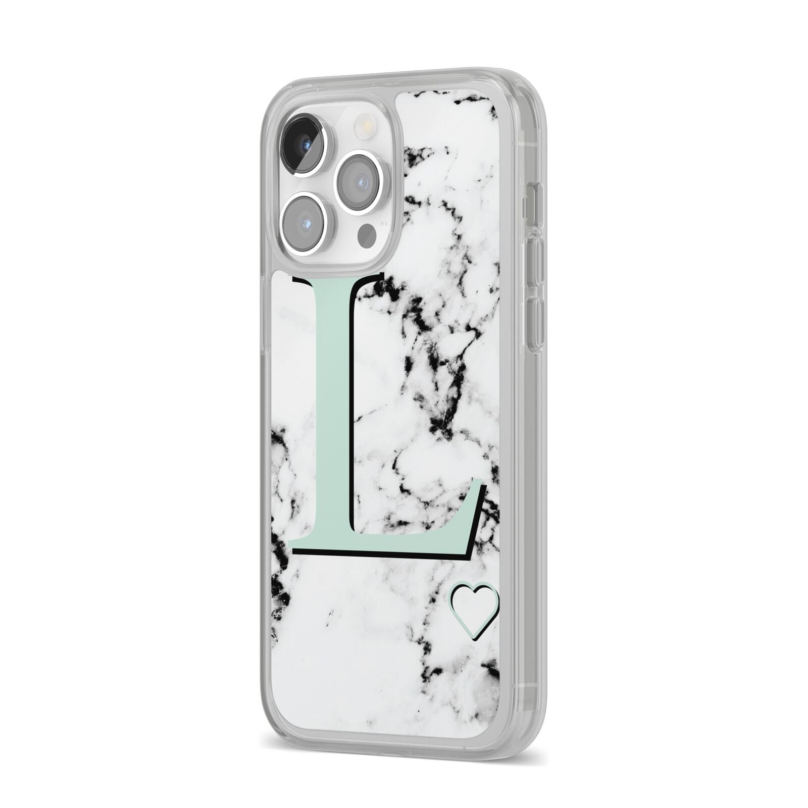 Personalised Mint Monogram Marble Heart iPhone 14 Pro Max Clear Tough Case Silver Angled Image