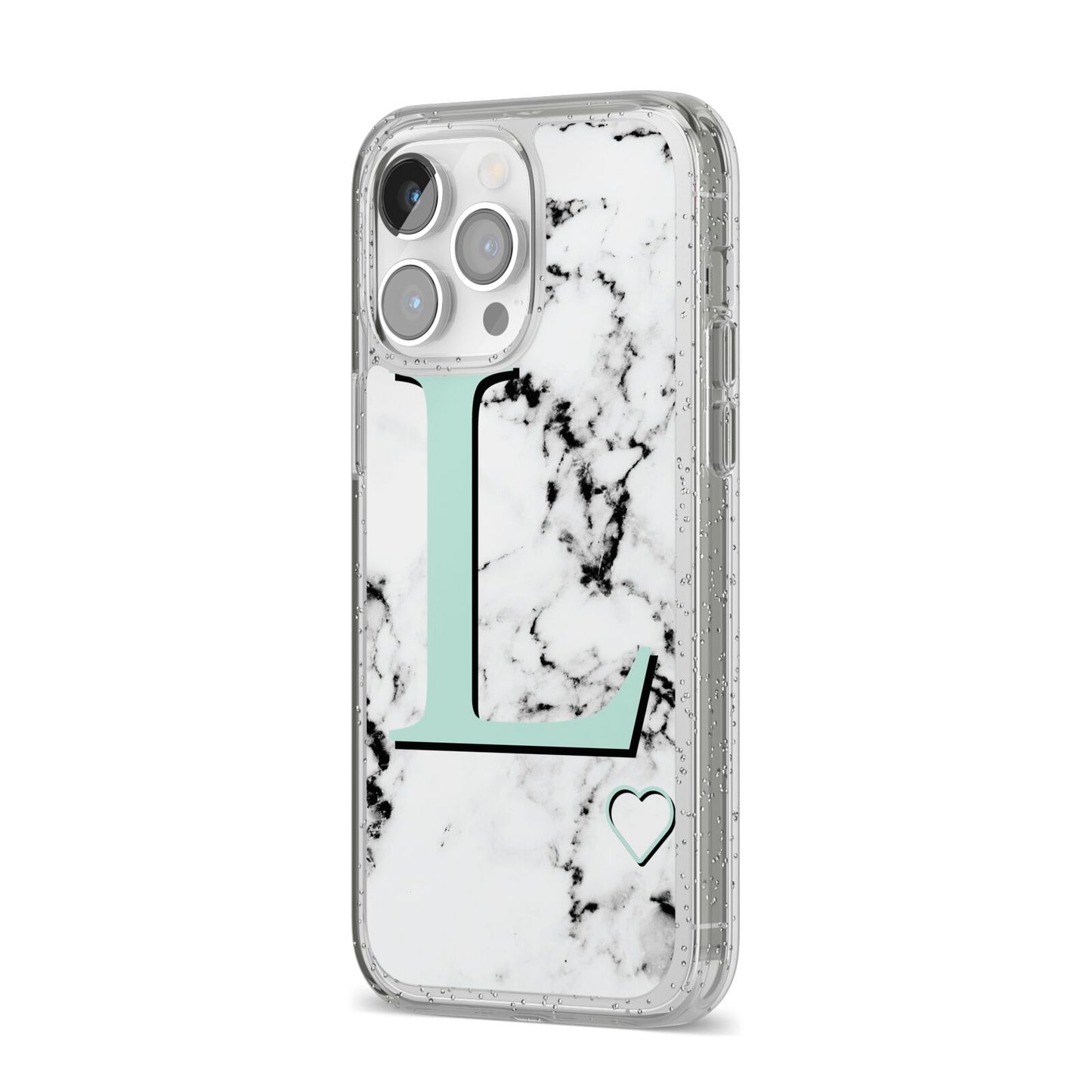 Personalised Mint Monogram Marble Heart iPhone 14 Pro Max Glitter Tough Case Silver Angled Image