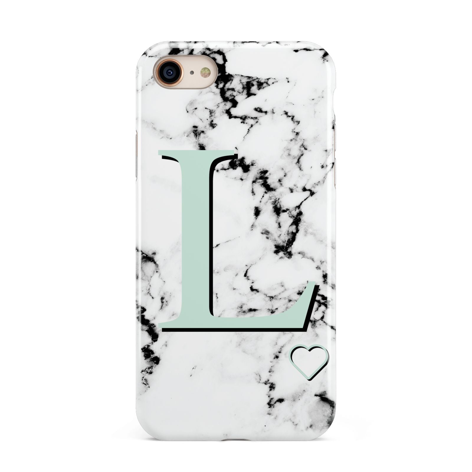 Personalised Mint Monogram Marble Heart iPhone 8 3D Tough Case on Gold Phone