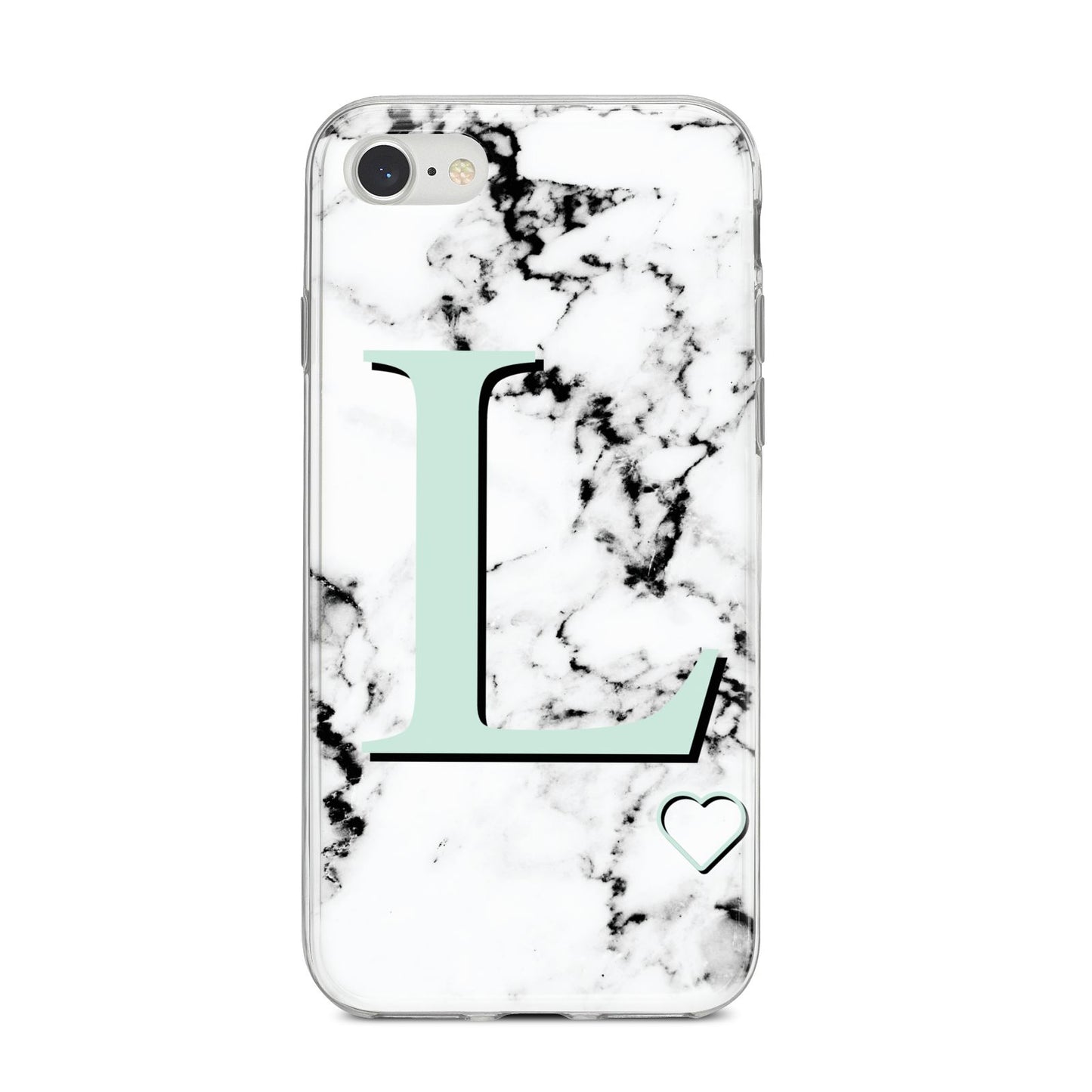 Personalised Mint Monogram Marble Heart iPhone 8 Bumper Case on Silver iPhone