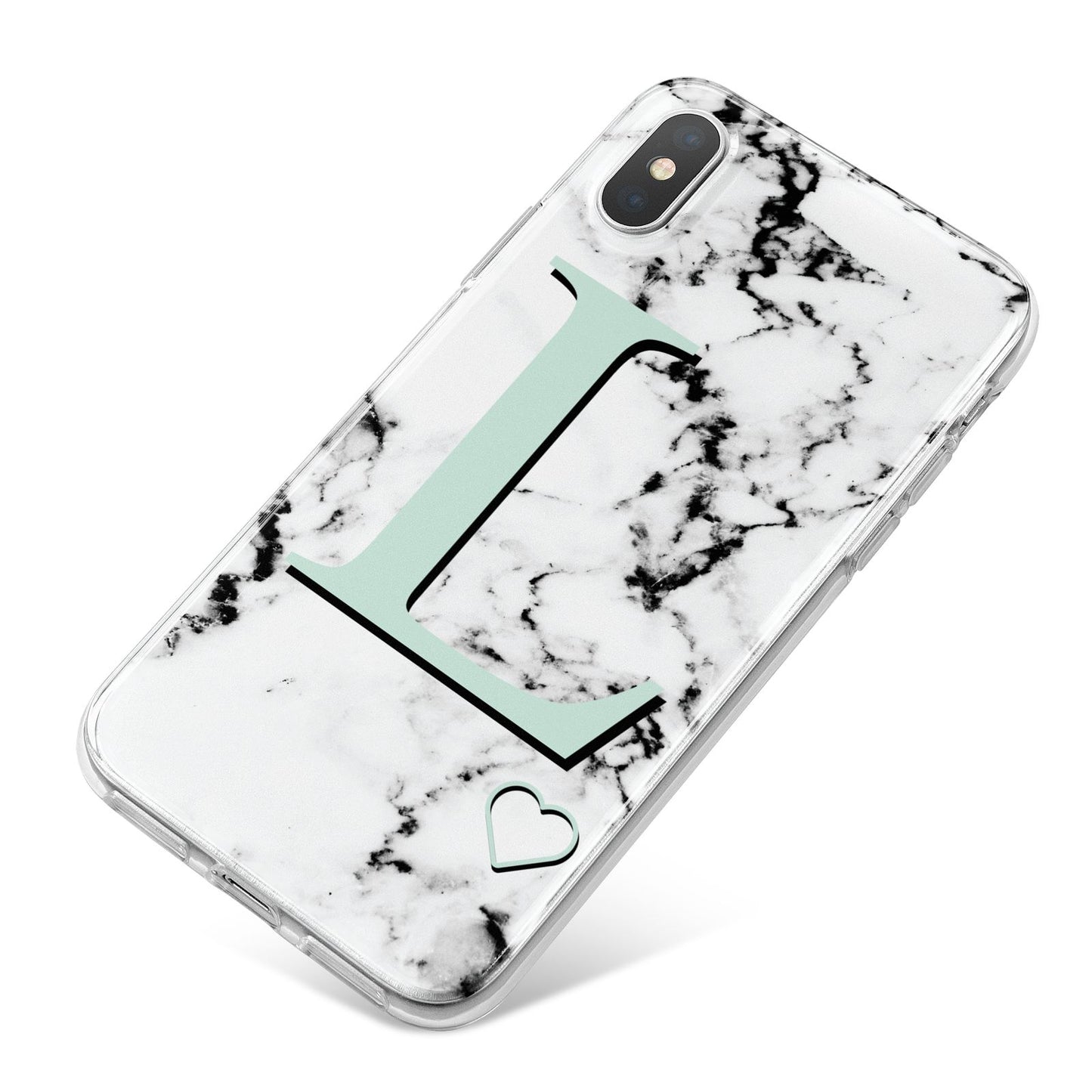 Personalised Mint Monogram Marble Heart iPhone X Bumper Case on Silver iPhone