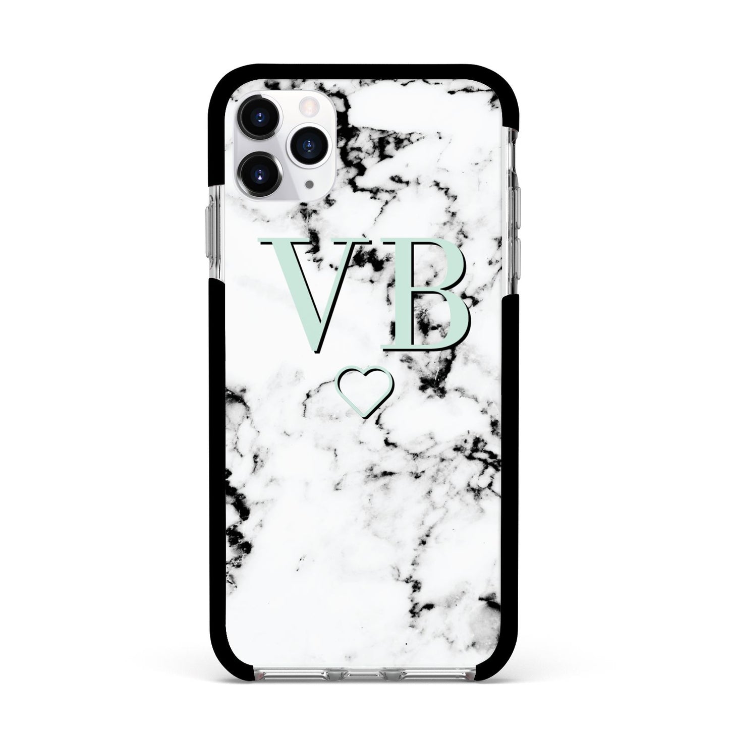 Personalised Mint Monogrammed Heart Marble Apple iPhone 11 Pro Max in Silver with Black Impact Case