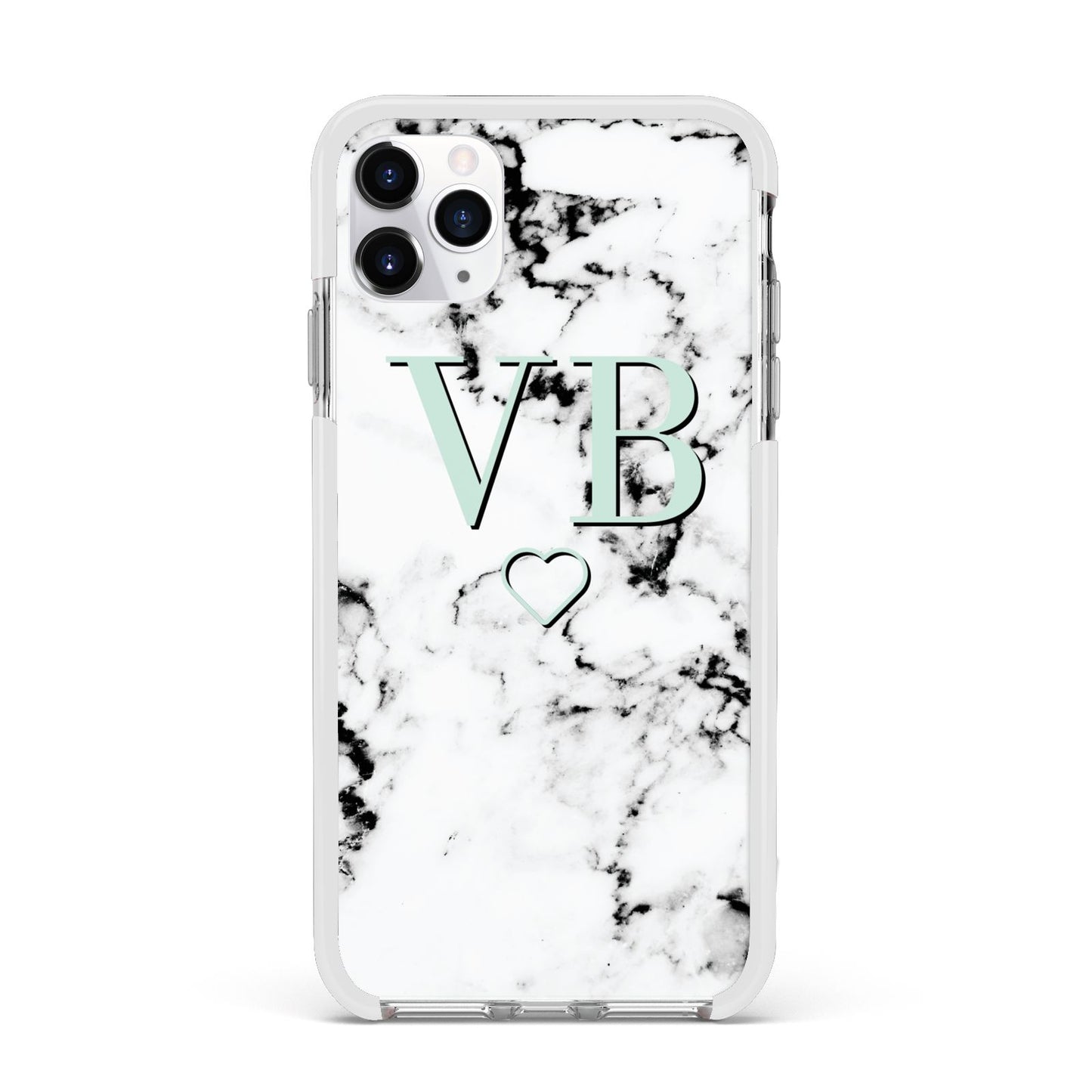 Personalised Mint Monogrammed Heart Marble Apple iPhone 11 Pro Max in Silver with White Impact Case