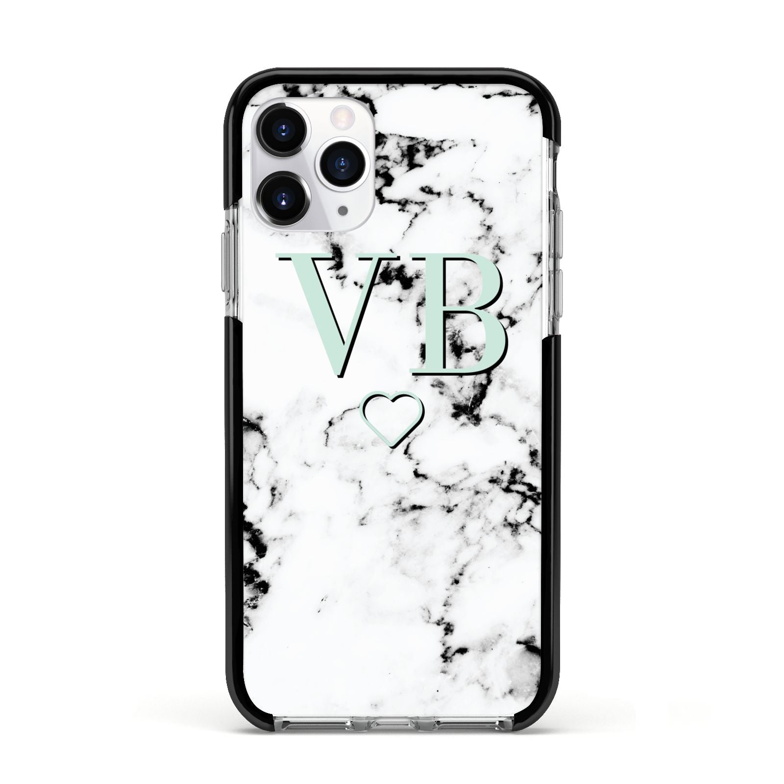 Personalised Mint Monogrammed Heart Marble Apple iPhone 11 Pro in Silver with Black Impact Case