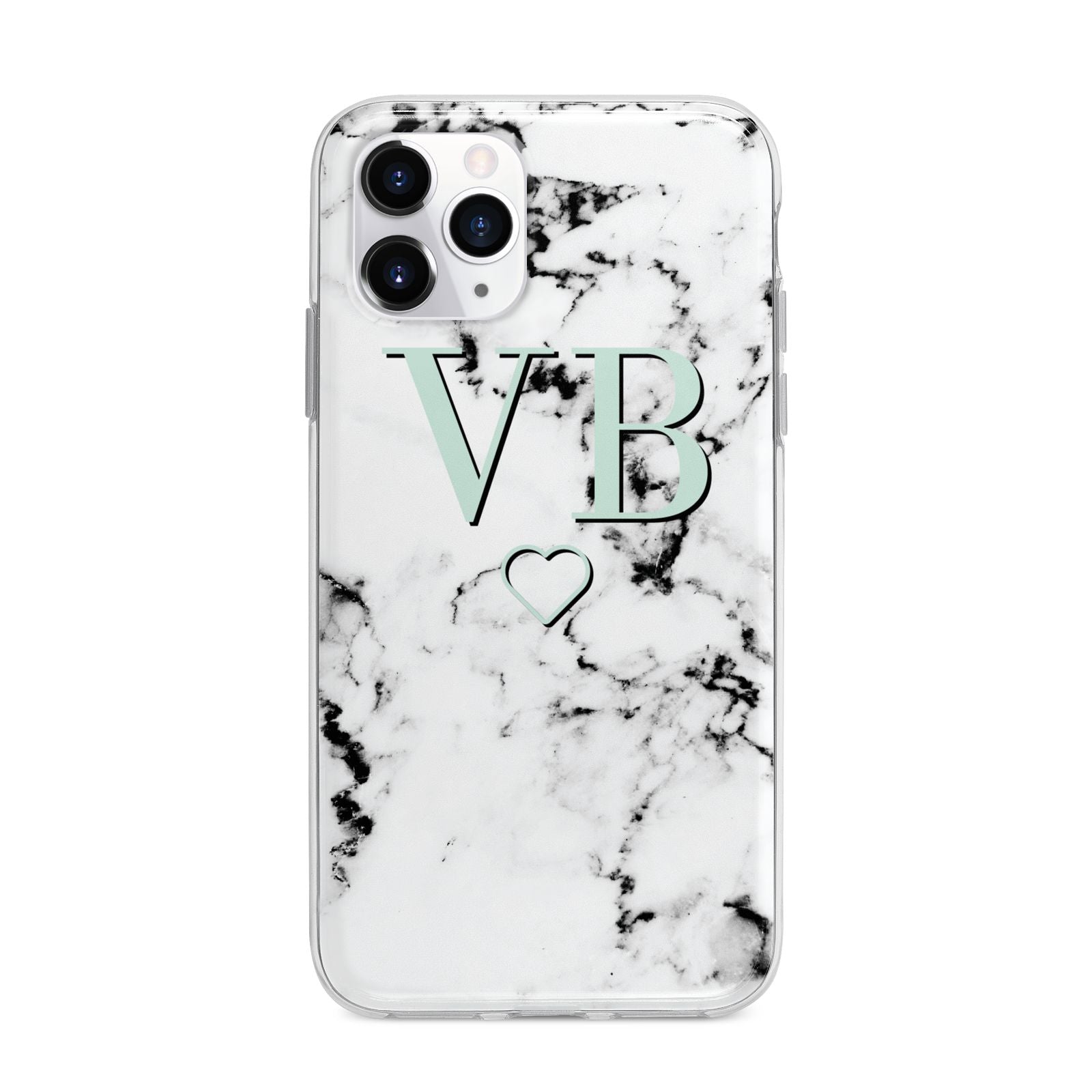 Personalised Mint Monogrammed Heart Marble Apple iPhone 11 Pro in Silver with Bumper Case