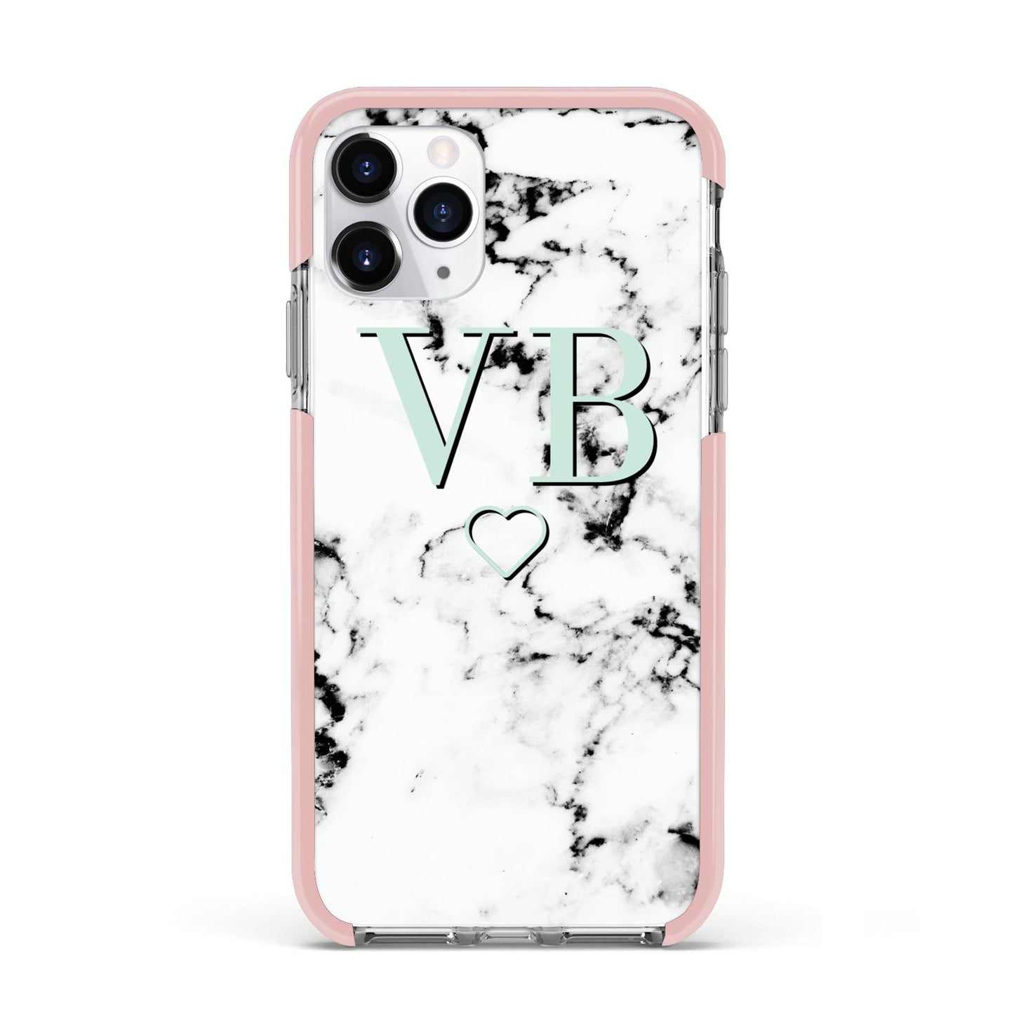 Personalised Mint Monogrammed Heart Marble Apple iPhone 11 Pro in Silver with Pink Impact Case
