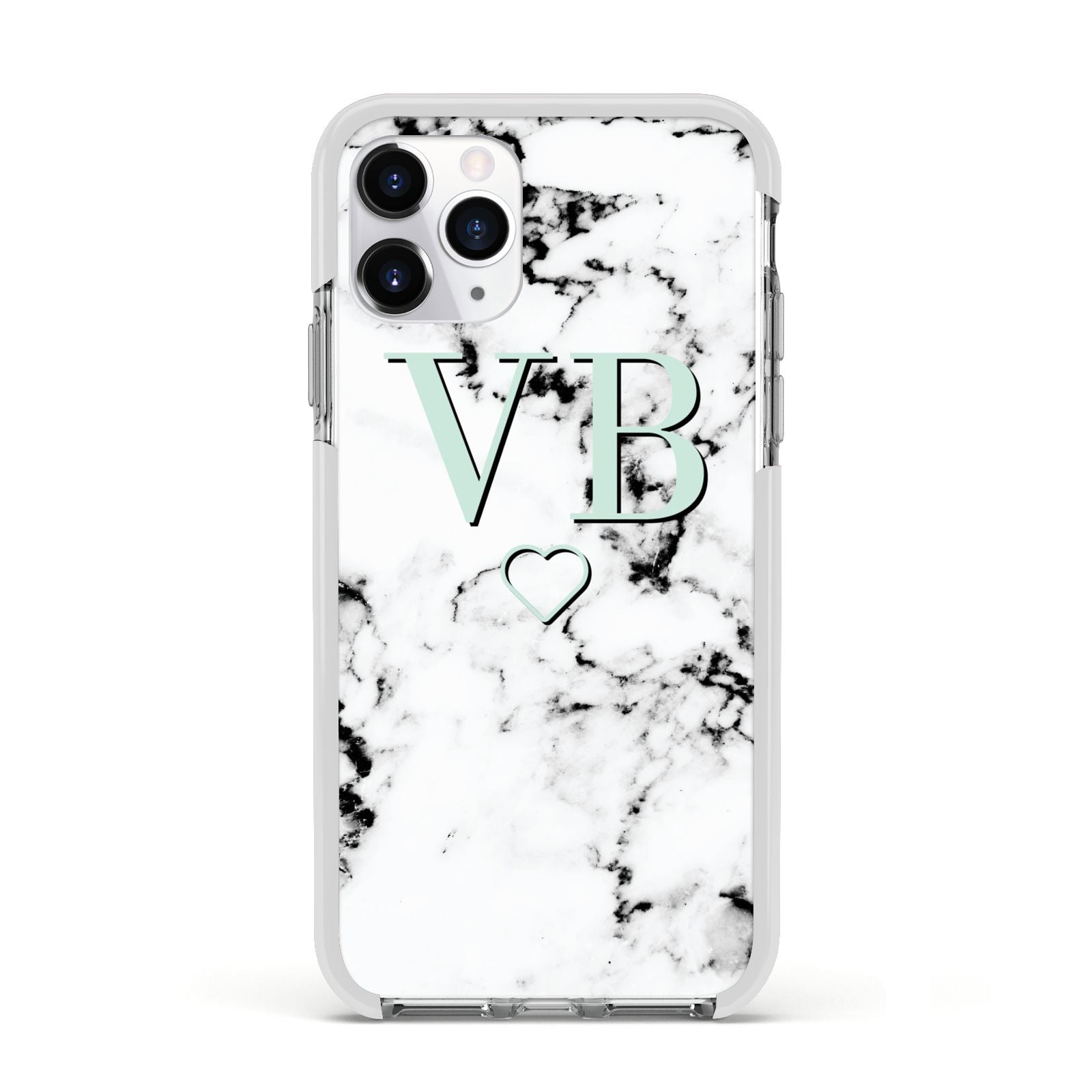 Personalised Mint Monogrammed Heart Marble Apple iPhone 11 Pro in Silver with White Impact Case