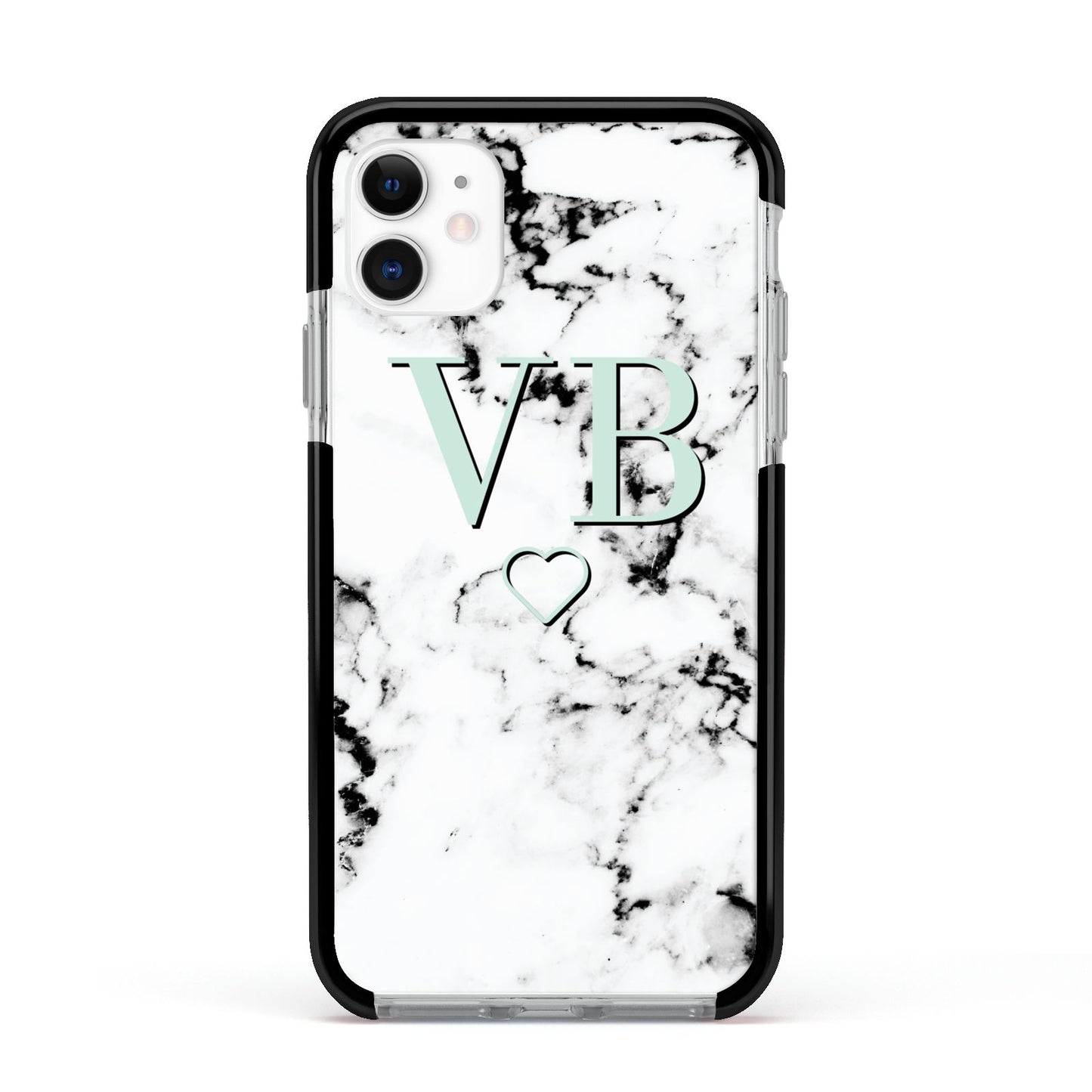 Personalised Mint Monogrammed Heart Marble Apple iPhone 11 in White with Black Impact Case