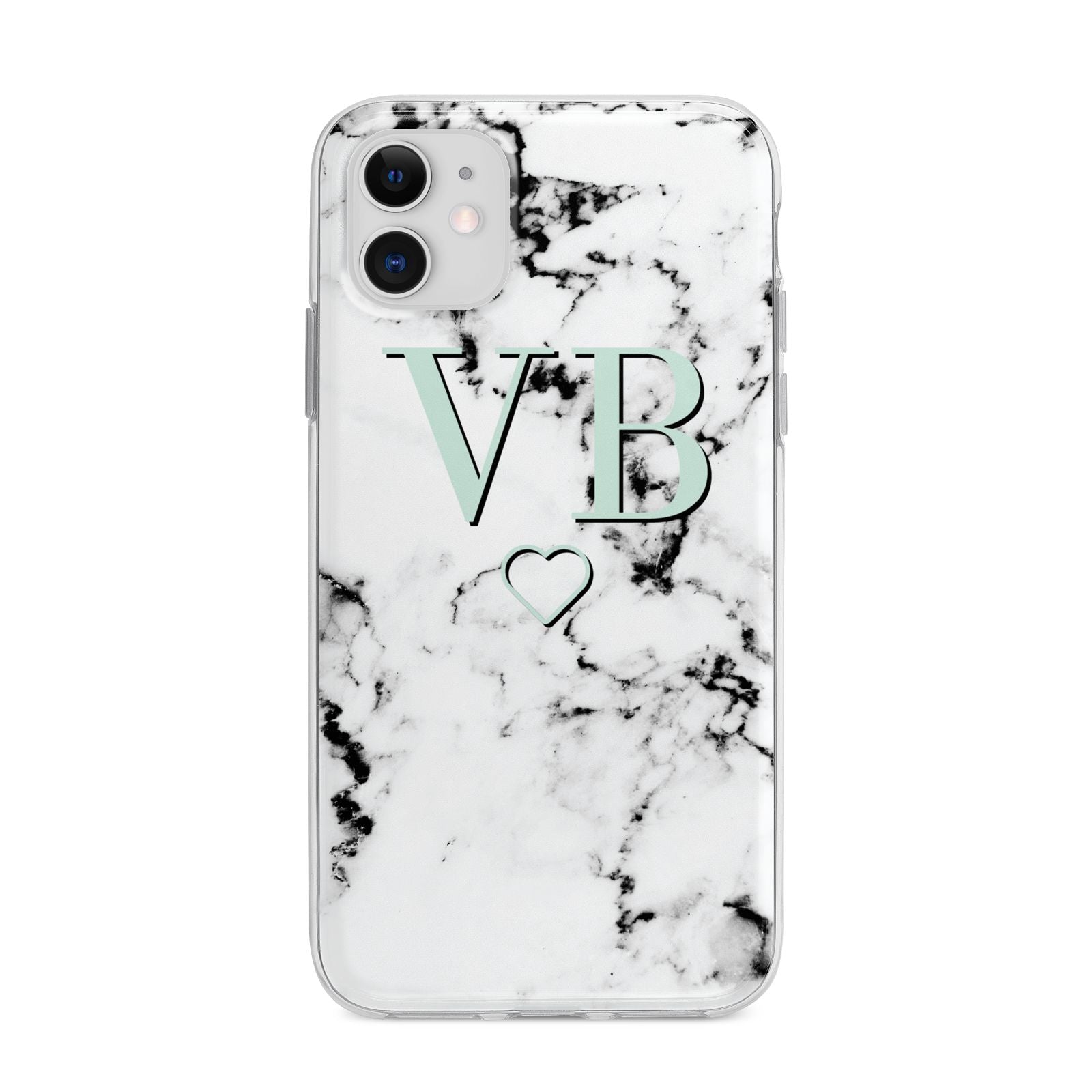 Personalised Mint Monogrammed Heart Marble Apple iPhone 11 in White with Bumper Case