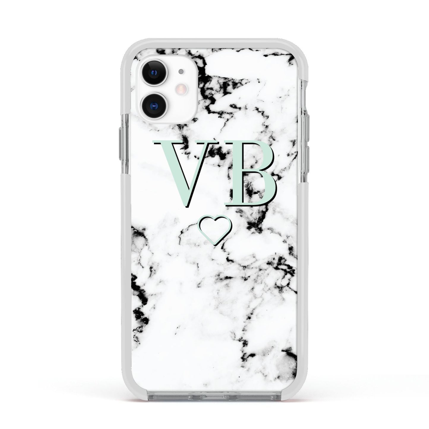 Personalised Mint Monogrammed Heart Marble Apple iPhone 11 in White with White Impact Case