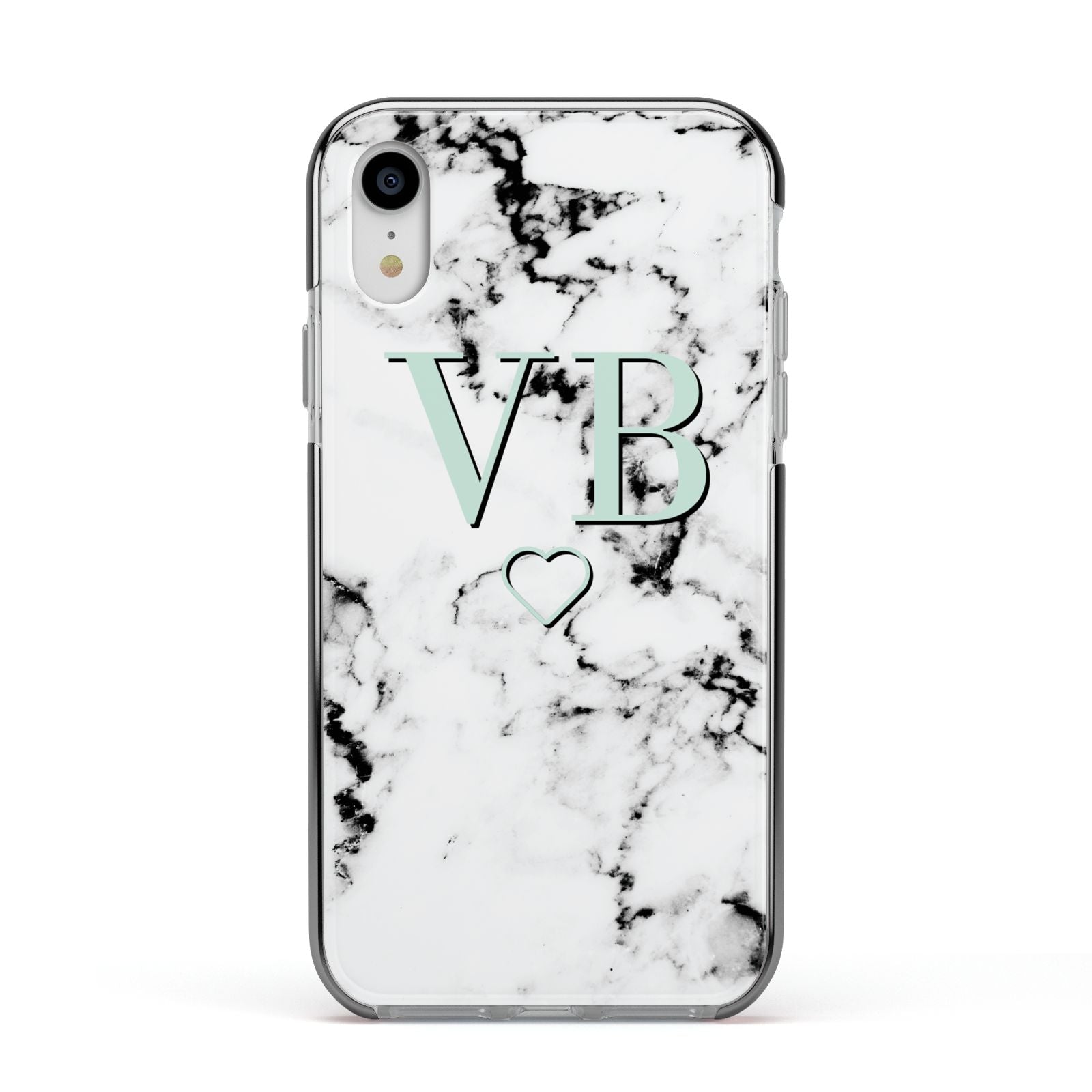 Personalised Mint Monogrammed Heart Marble Apple iPhone XR Impact Case Black Edge on Silver Phone