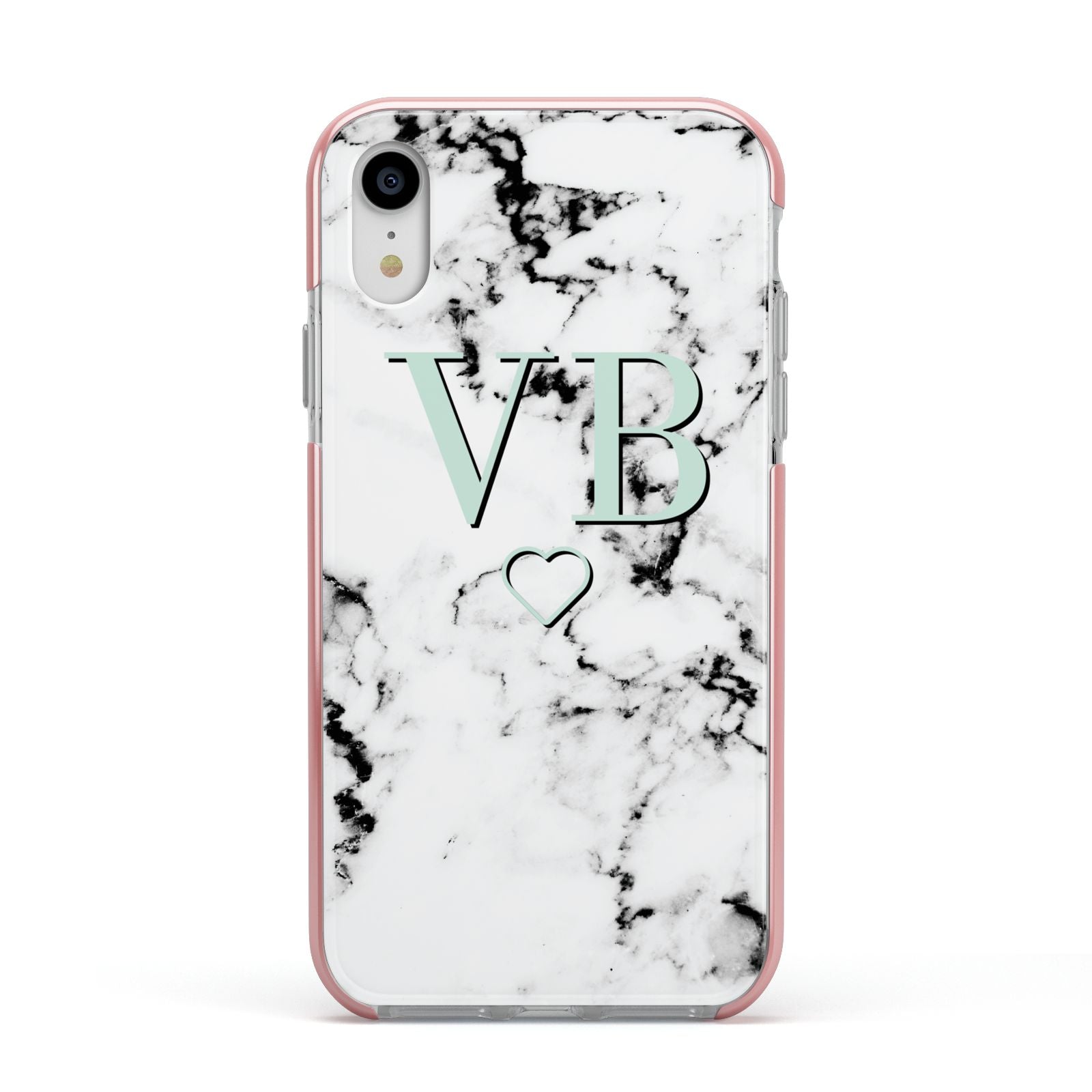 Personalised Mint Monogrammed Heart Marble Apple iPhone XR Impact Case Pink Edge on Silver Phone