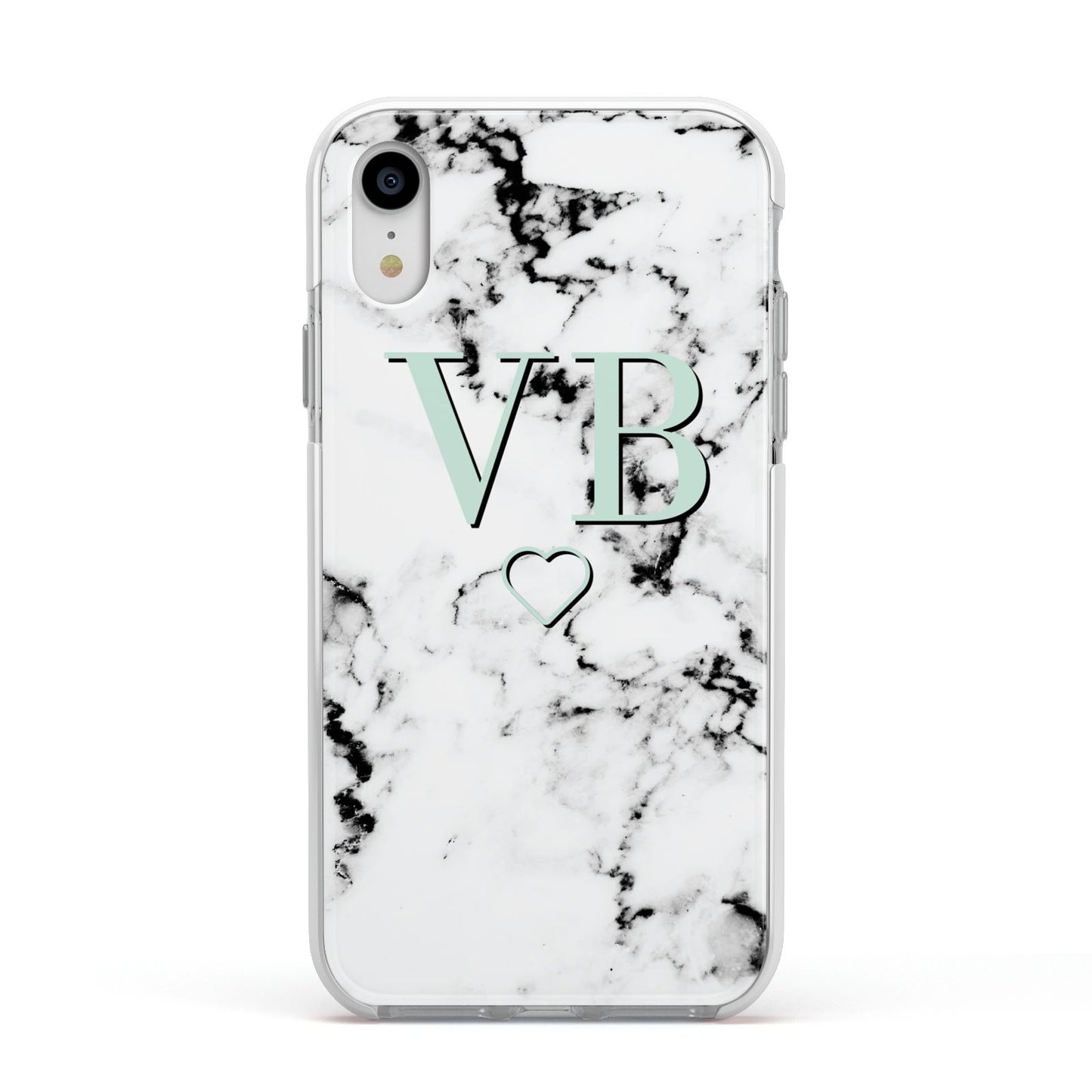 Personalised Mint Monogrammed Heart Marble Apple iPhone XR Impact Case White Edge on Silver Phone