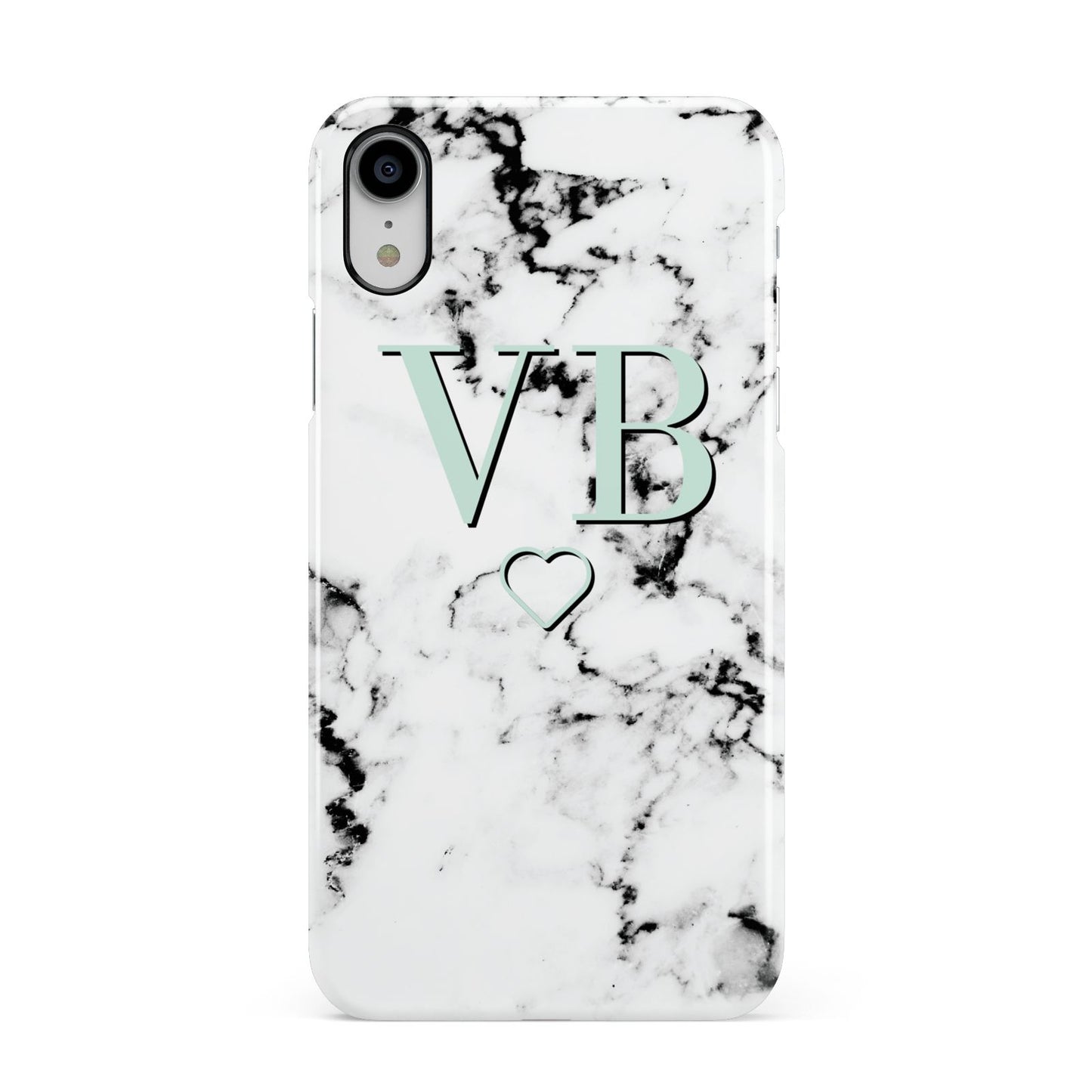 Personalised Mint Monogrammed Heart Marble Apple iPhone XR White 3D Snap Case