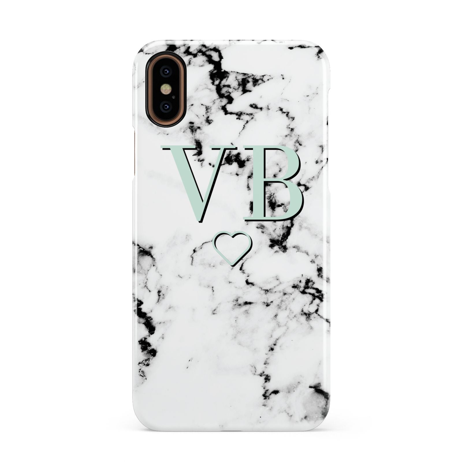 Personalised Mint Monogrammed Heart Marble Apple iPhone XS 3D Snap Case