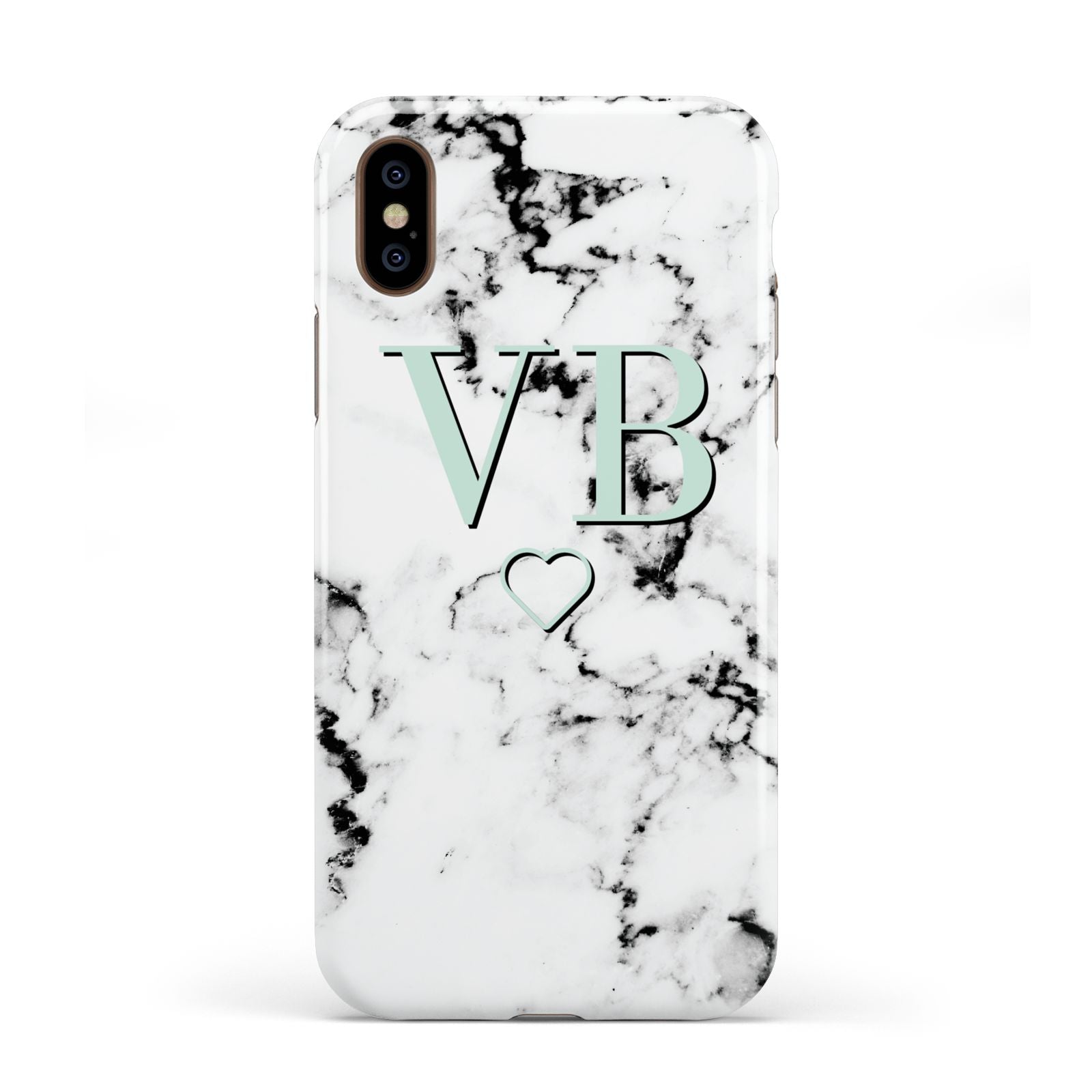 Personalised Mint Monogrammed Heart Marble Apple iPhone XS 3D Tough