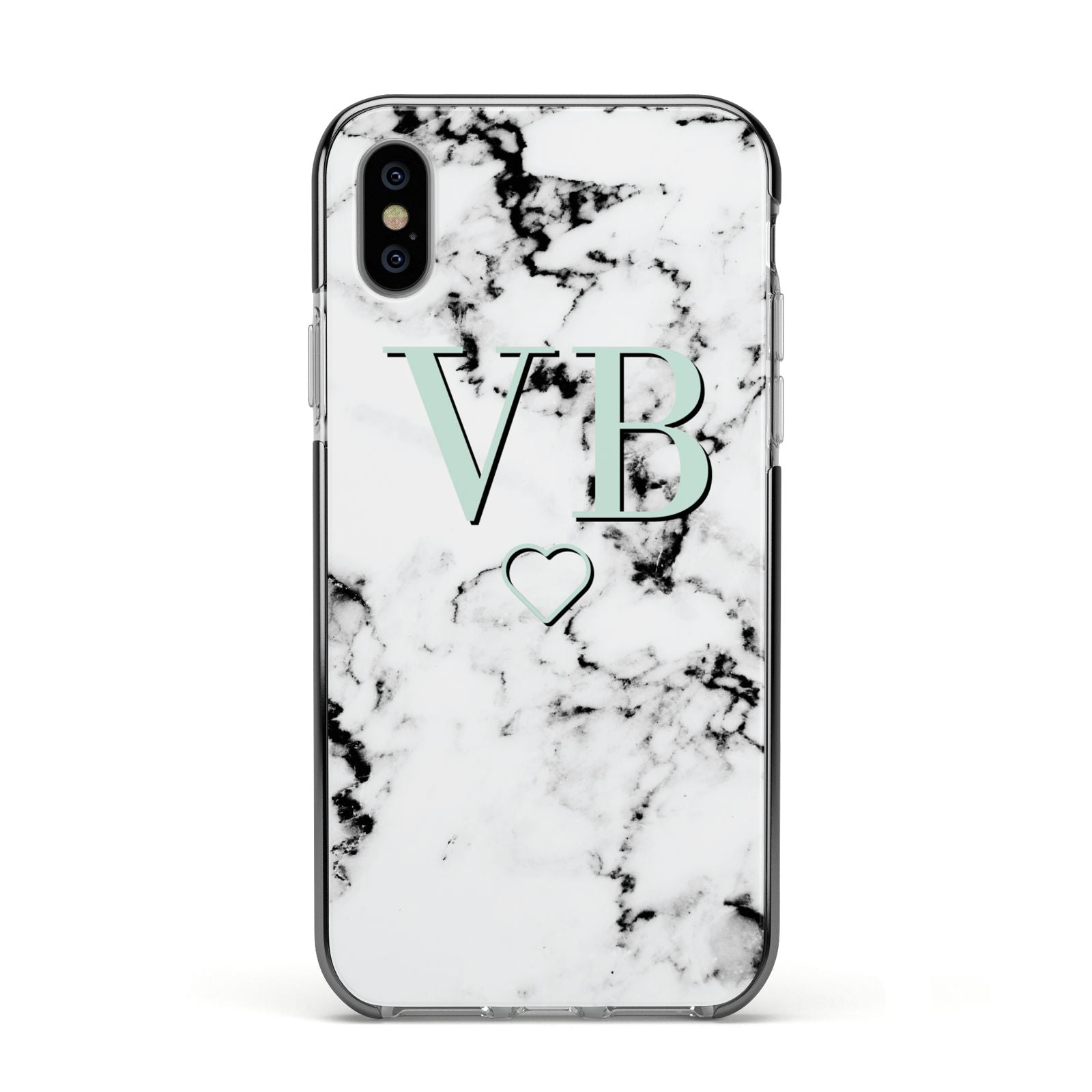 Personalised Mint Monogrammed Heart Marble Apple iPhone Xs Impact Case Black Edge on Silver Phone