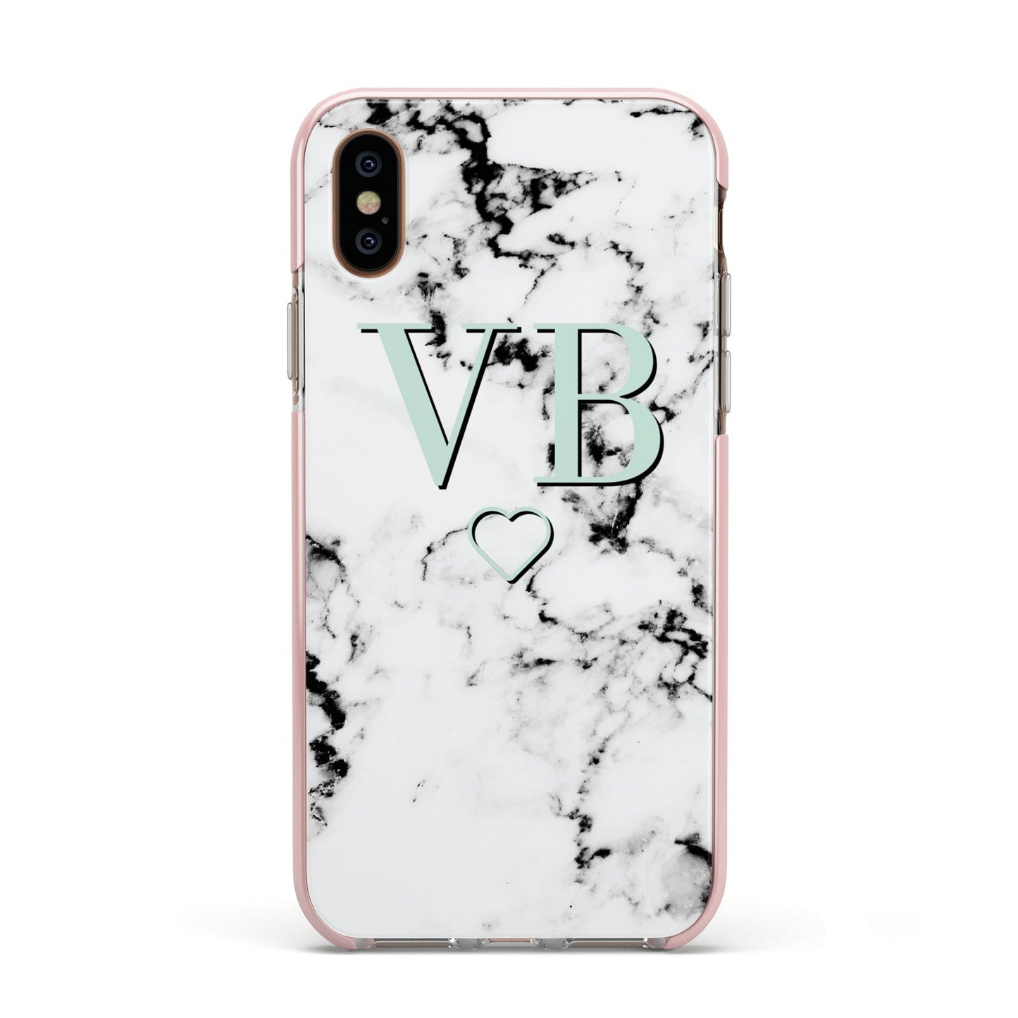 Personalised Mint Monogrammed Heart Marble Apple iPhone Xs Impact Case Pink Edge on Gold Phone