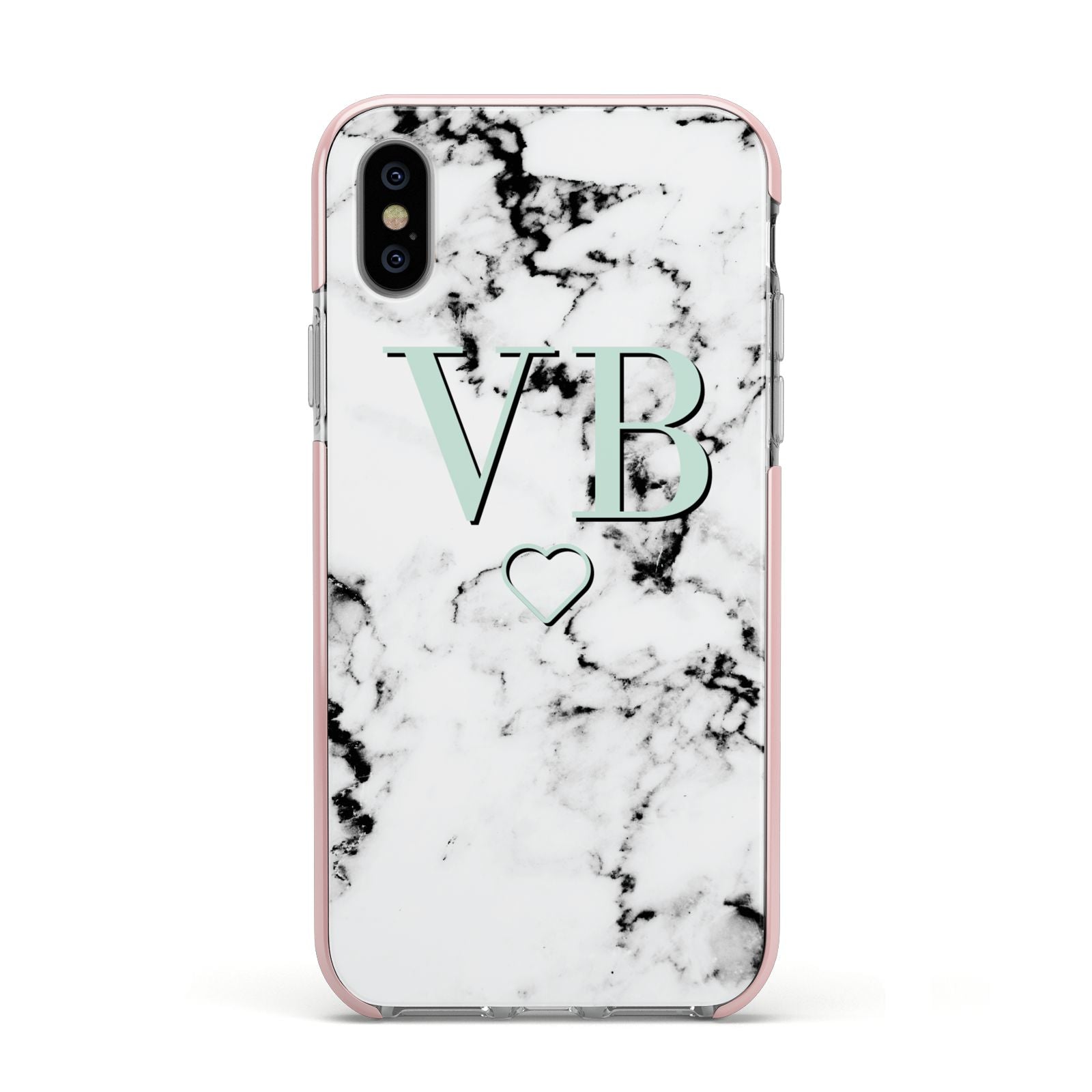 Personalised Mint Monogrammed Heart Marble Apple iPhone Xs Impact Case Pink Edge on Silver Phone