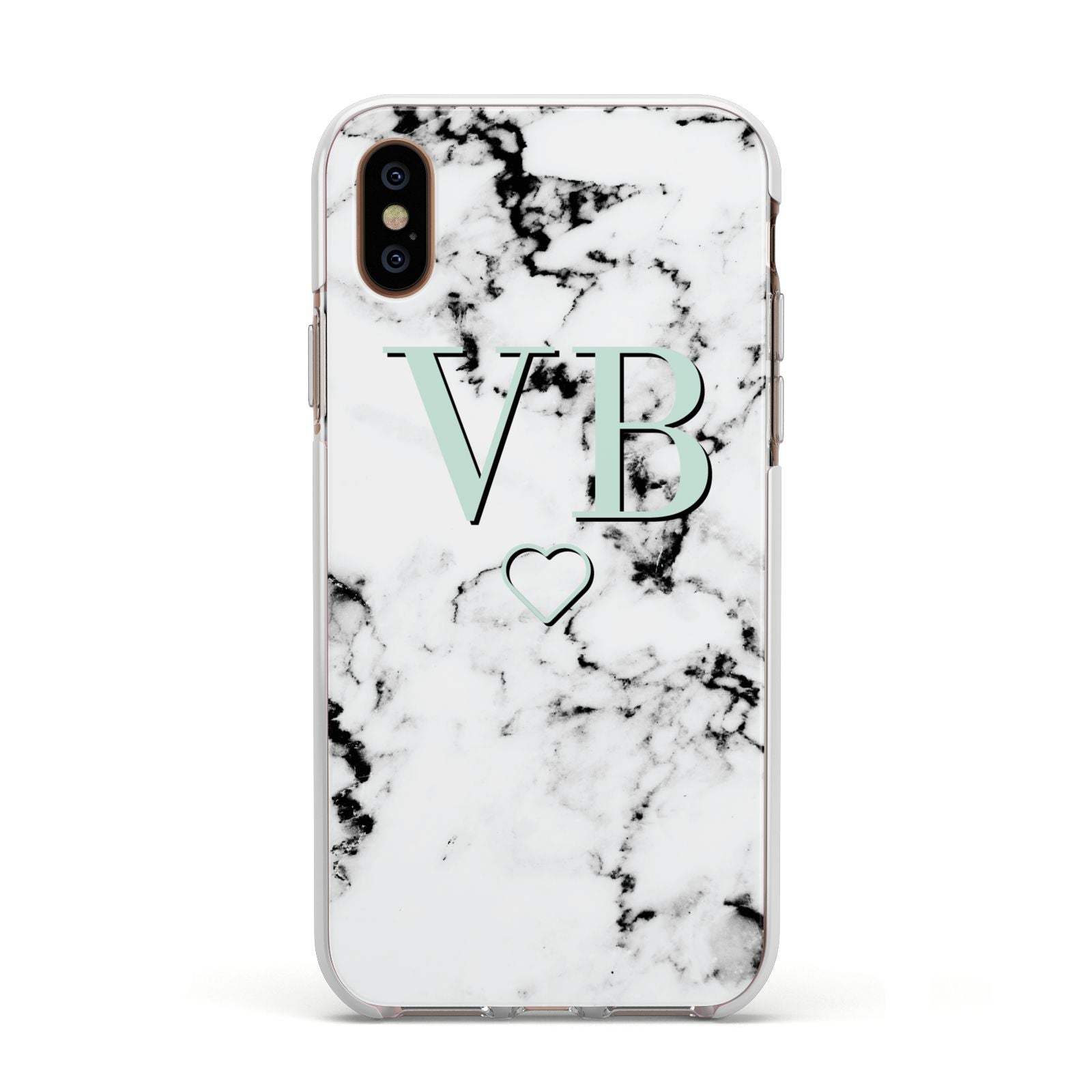 Personalised Mint Monogrammed Heart Marble Apple iPhone Xs Impact Case White Edge on Gold Phone