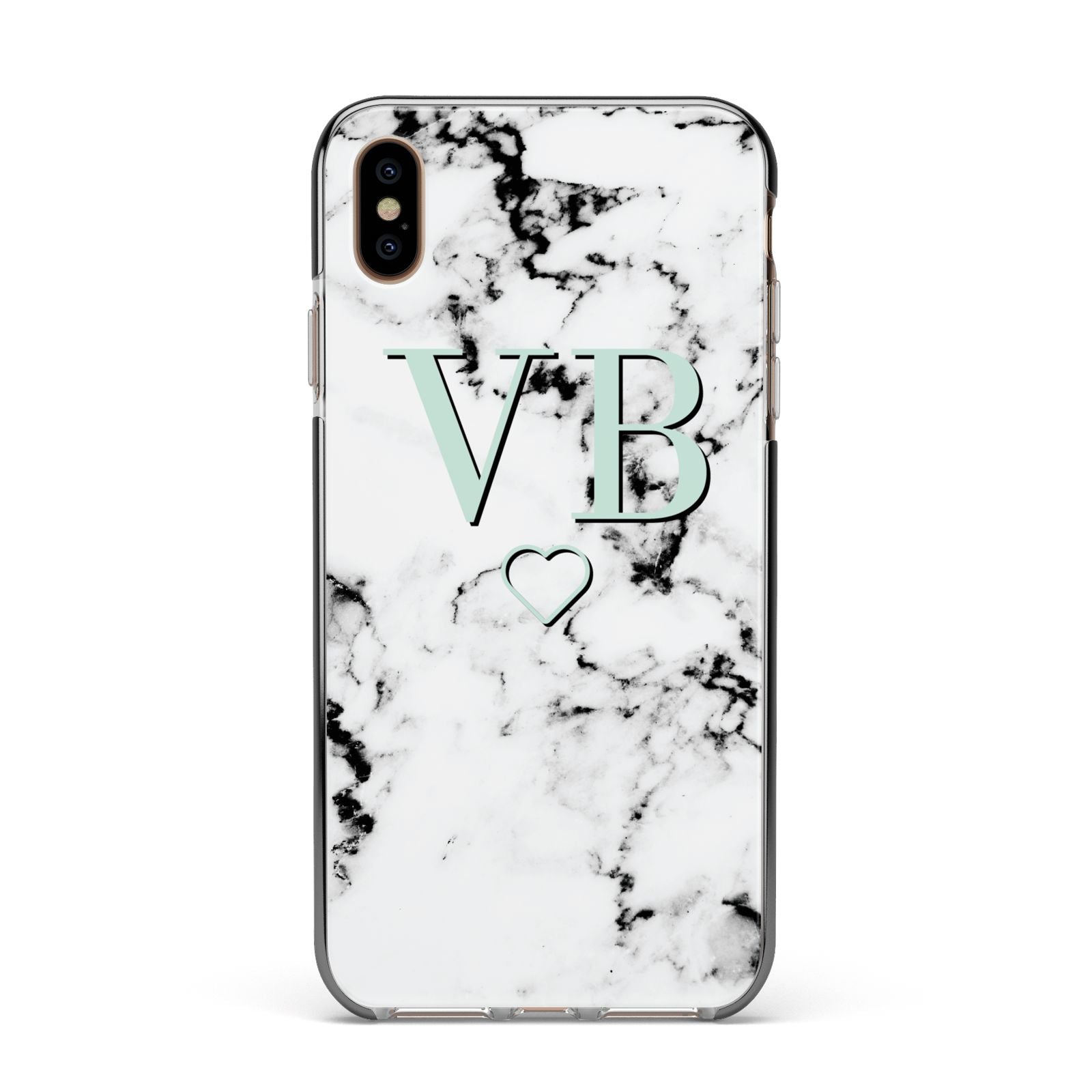 Personalised Mint Monogrammed Heart Marble Apple iPhone Xs Max Impact Case Black Edge on Gold Phone