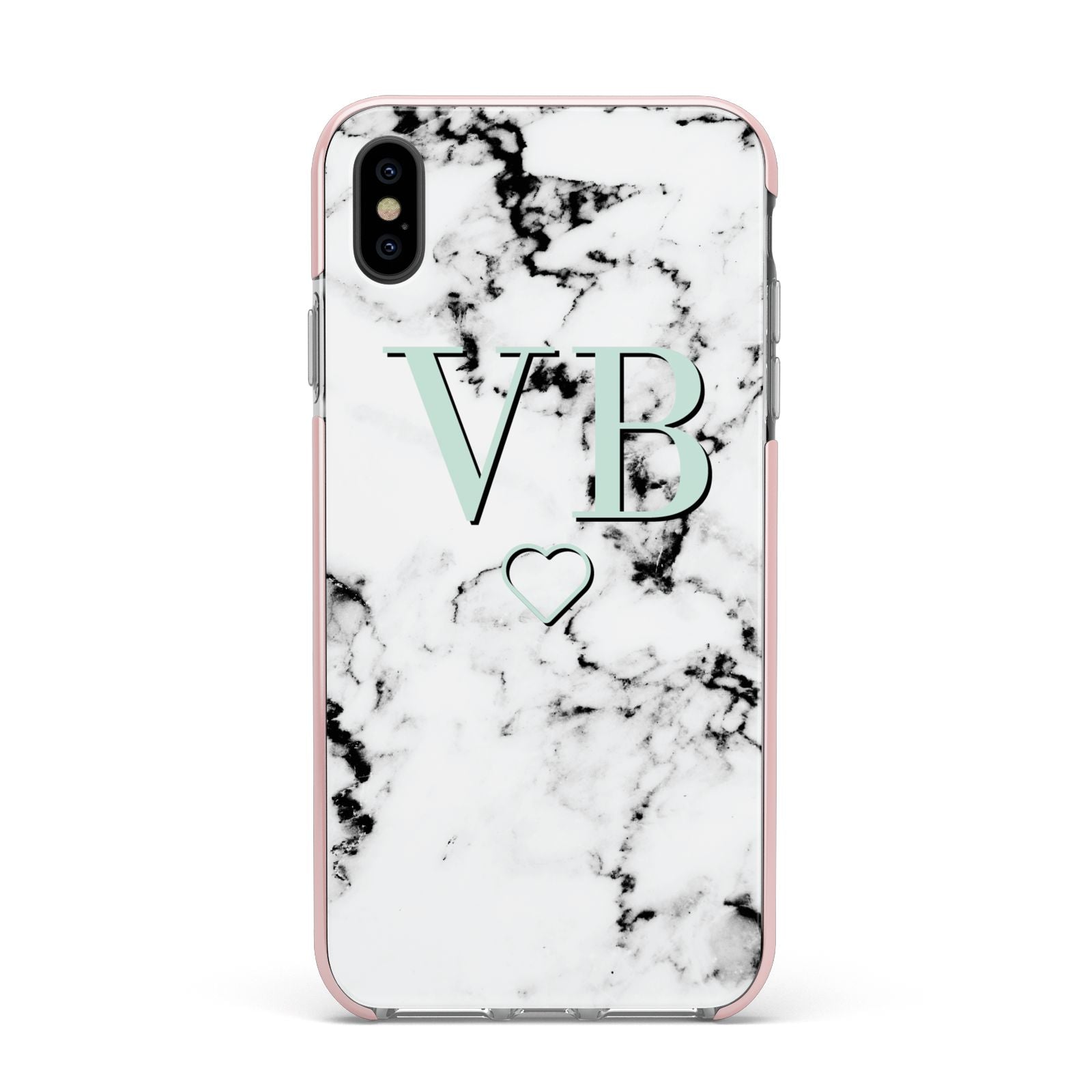 Personalised Mint Monogrammed Heart Marble Apple iPhone Xs Max Impact Case Pink Edge on Black Phone