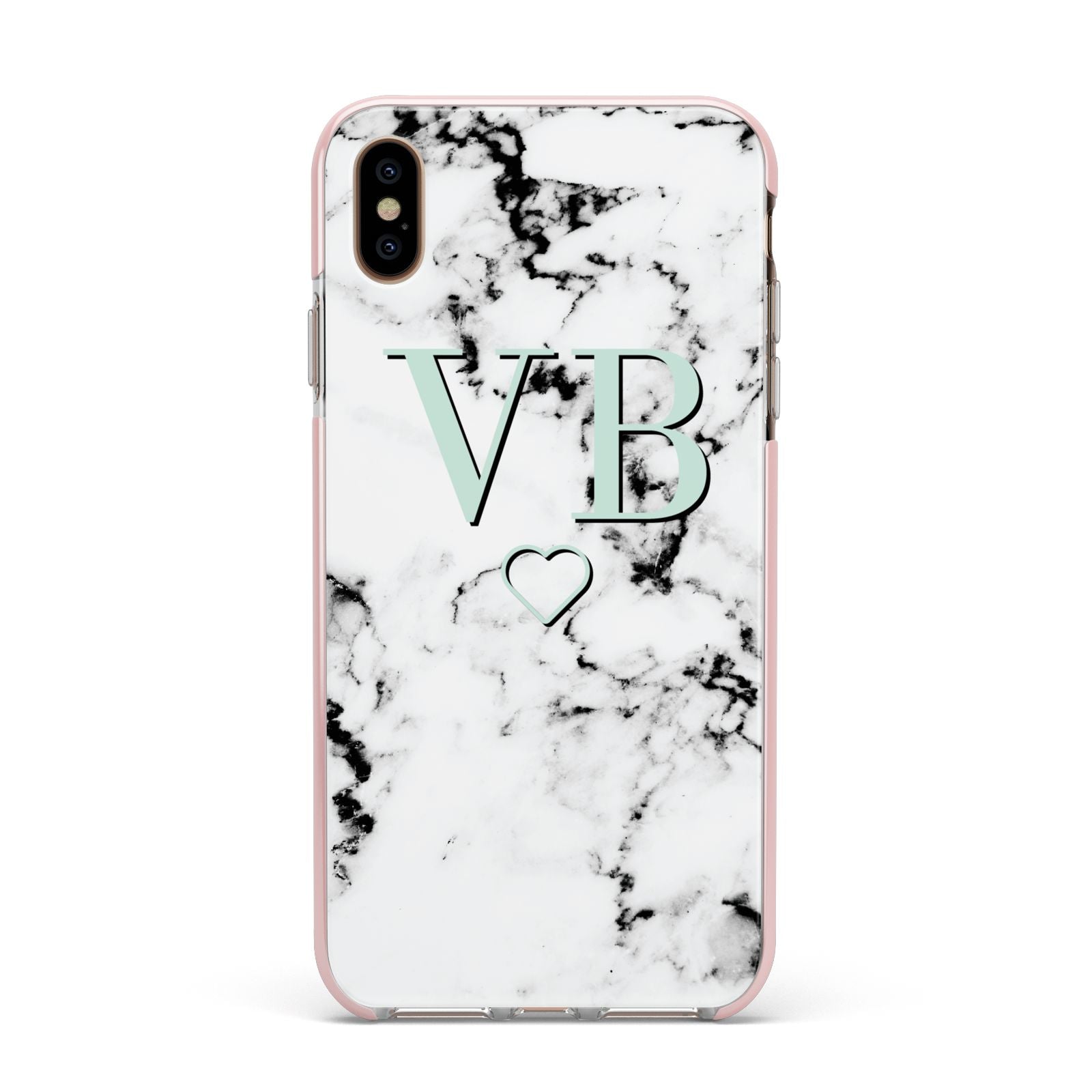 Personalised Mint Monogrammed Heart Marble Apple iPhone Xs Max Impact Case Pink Edge on Gold Phone