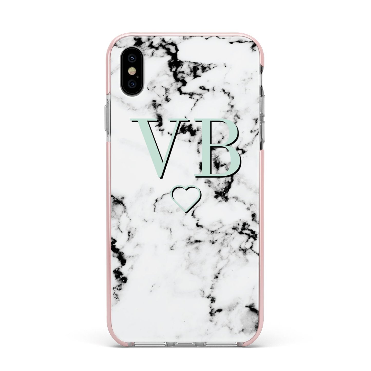 Personalised Mint Monogrammed Heart Marble Apple iPhone Xs Max Impact Case Pink Edge on Silver Phone