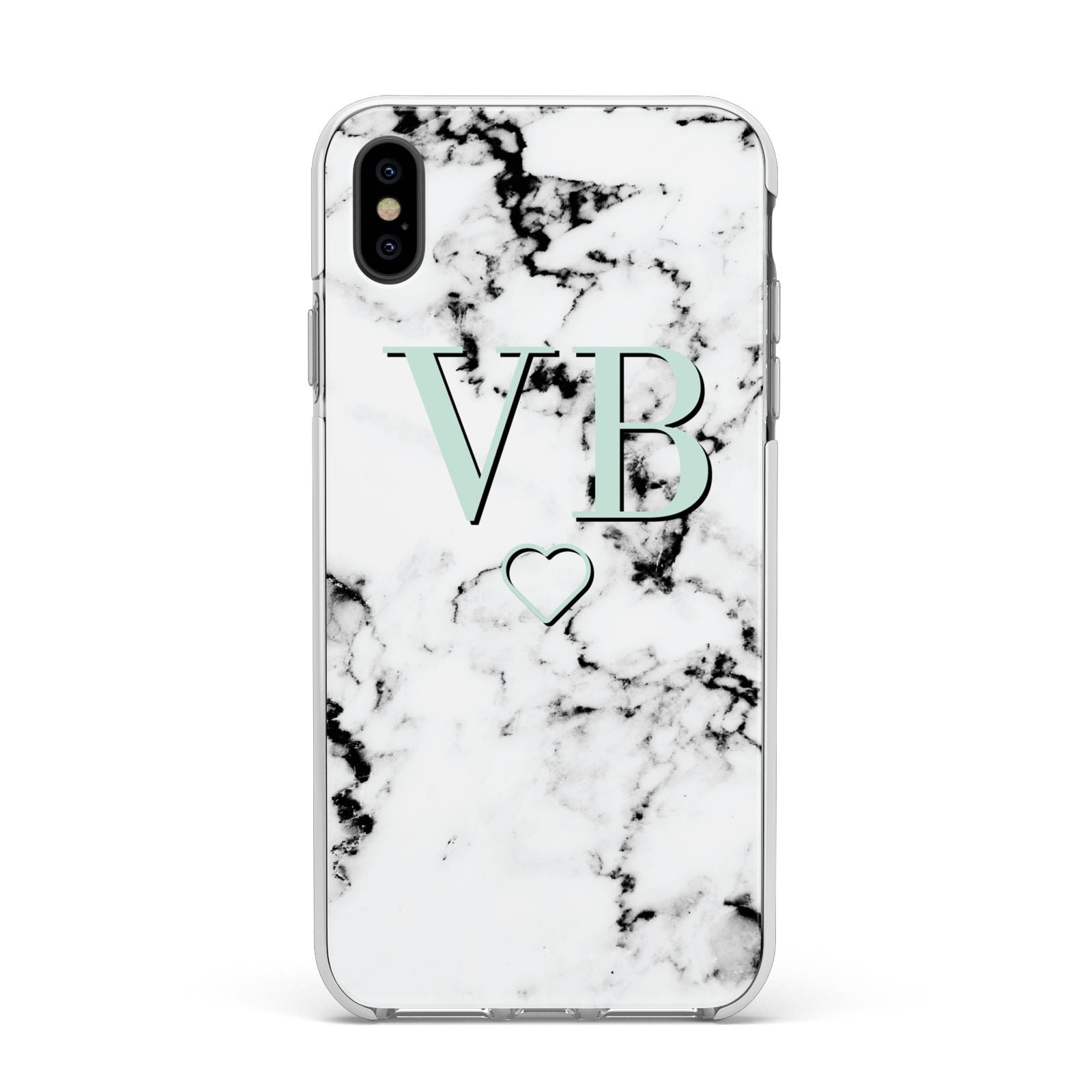 Personalised Mint Monogrammed Heart Marble Apple iPhone Xs Max Impact Case White Edge on Black Phone