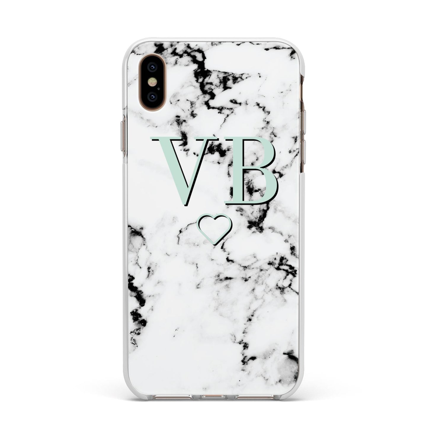 Personalised Mint Monogrammed Heart Marble Apple iPhone Xs Max Impact Case White Edge on Gold Phone
