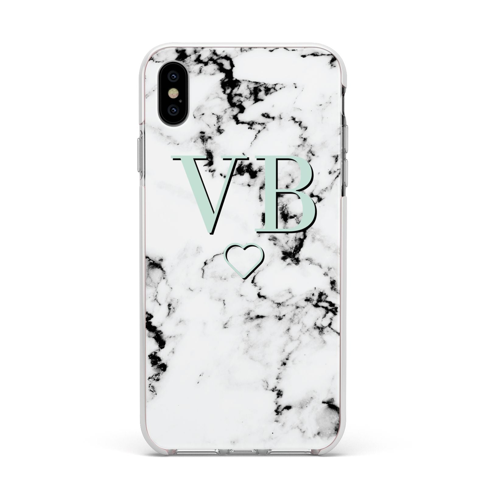 Personalised Mint Monogrammed Heart Marble Apple iPhone Xs Max Impact Case White Edge on Silver Phone