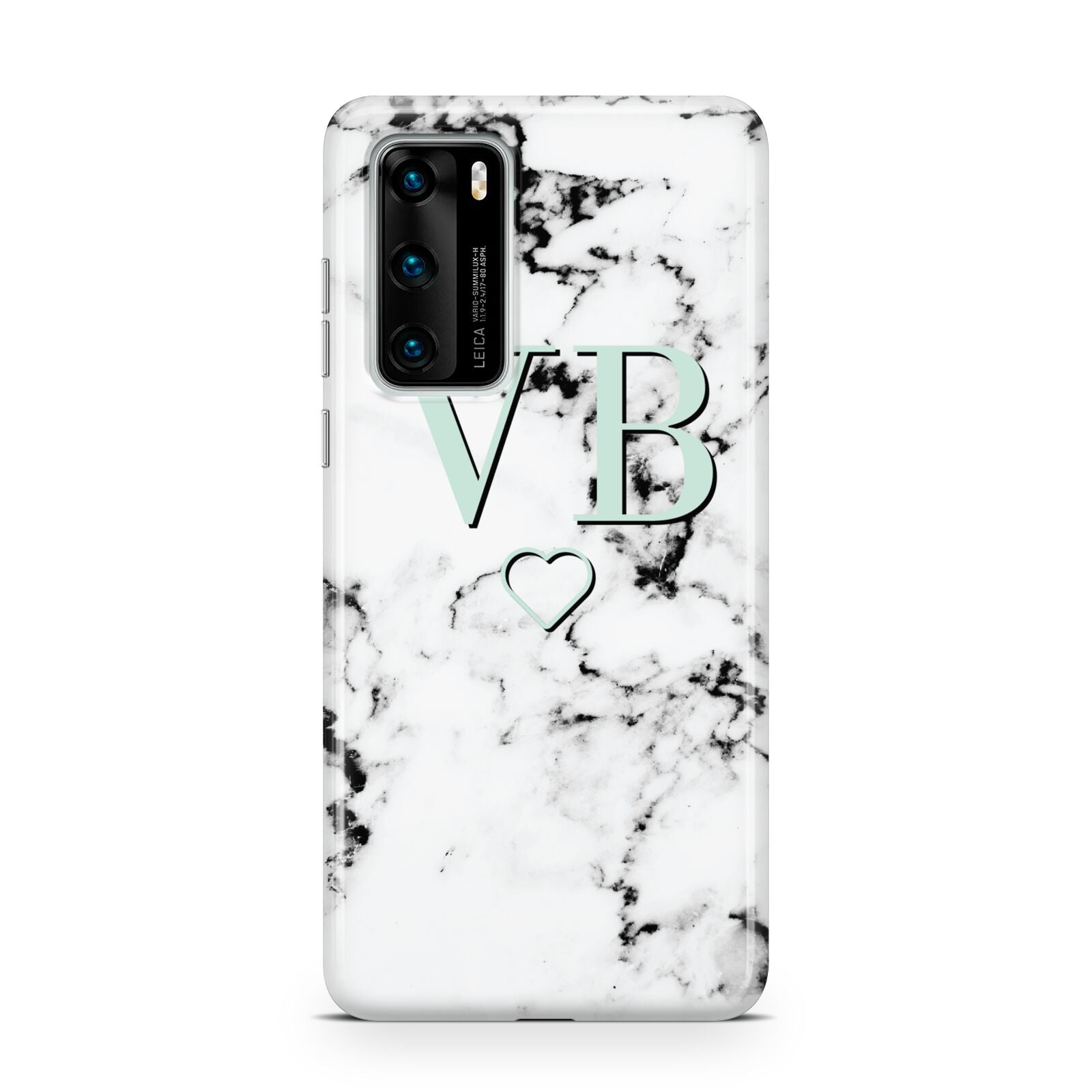 Personalised Mint Monogrammed Heart Marble Huawei P40 Phone Case