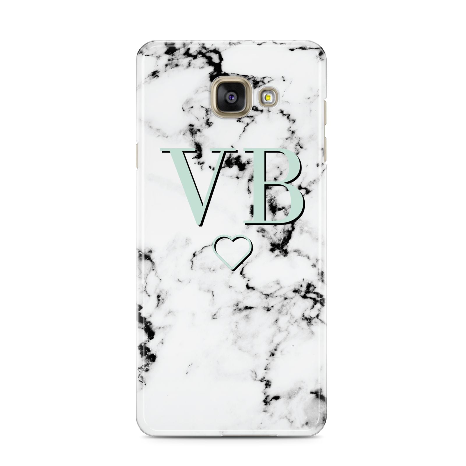 Personalised Mint Monogrammed Heart Marble Samsung Galaxy A3 2016 Case on gold phone