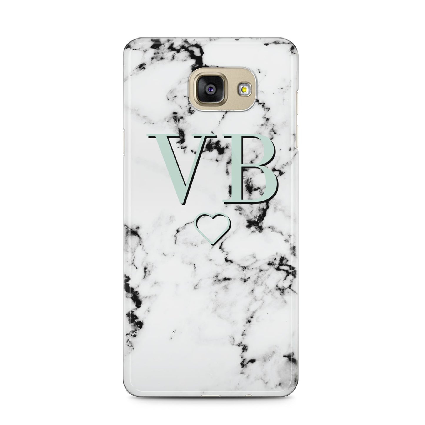 Personalised Mint Monogrammed Heart Marble Samsung Galaxy A5 2016 Case on gold phone