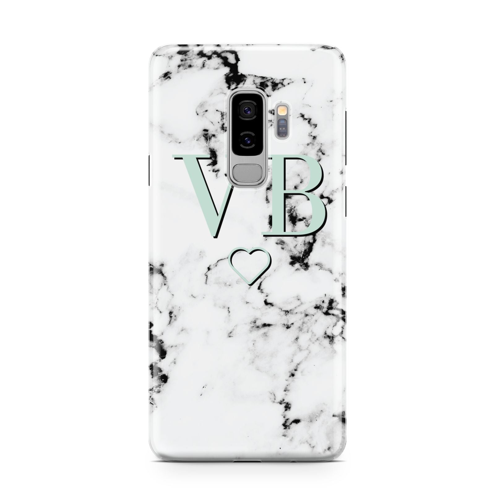 Personalised Mint Monogrammed Heart Marble Samsung Galaxy S9 Plus Case on Silver phone
