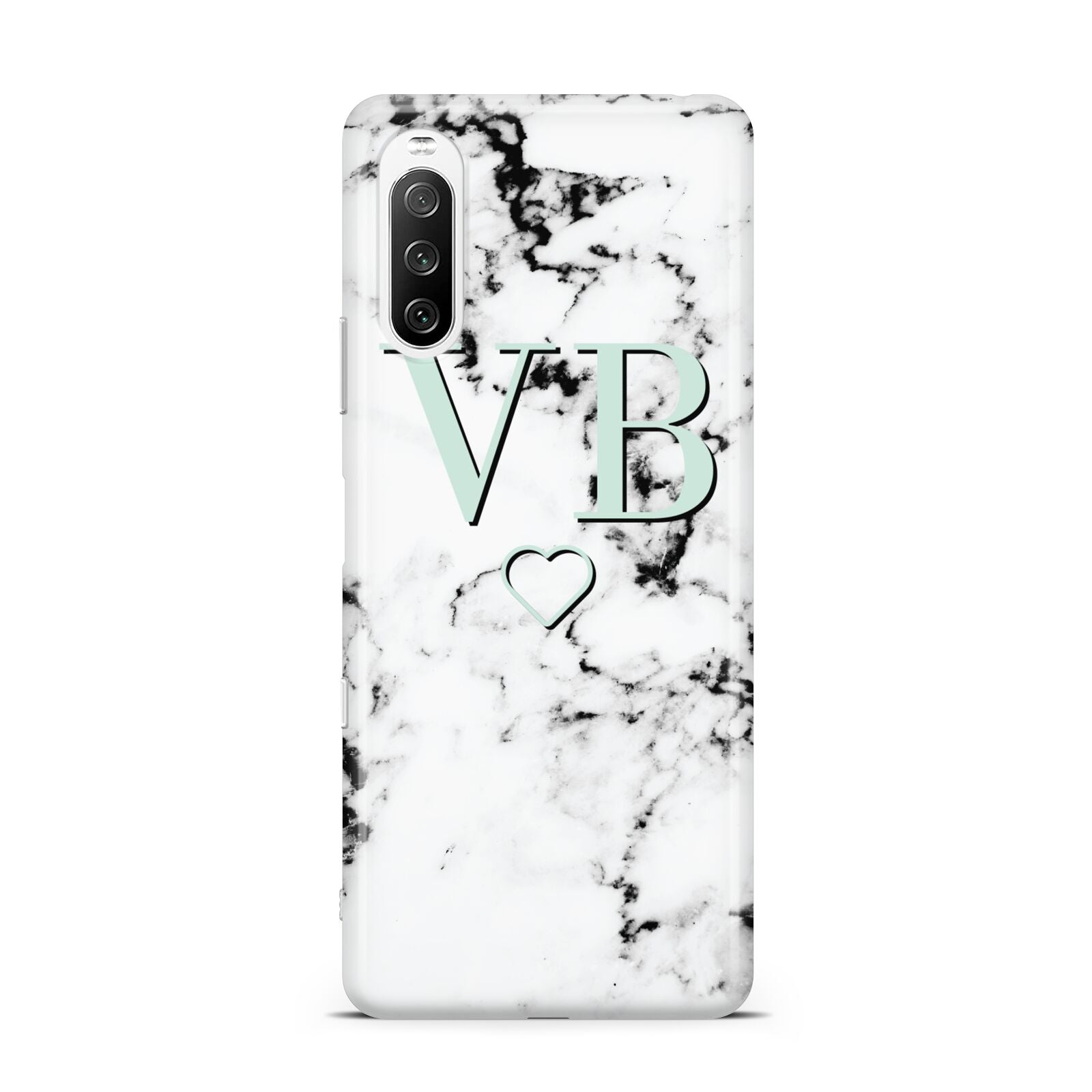 Personalised Mint Monogrammed Heart Marble Sony Xperia 10 III Case