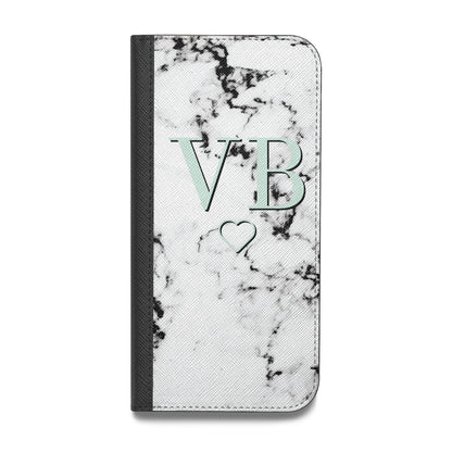 Personalised Mint Monogrammed Heart Marble Vegan Leather Flip iPhone Case