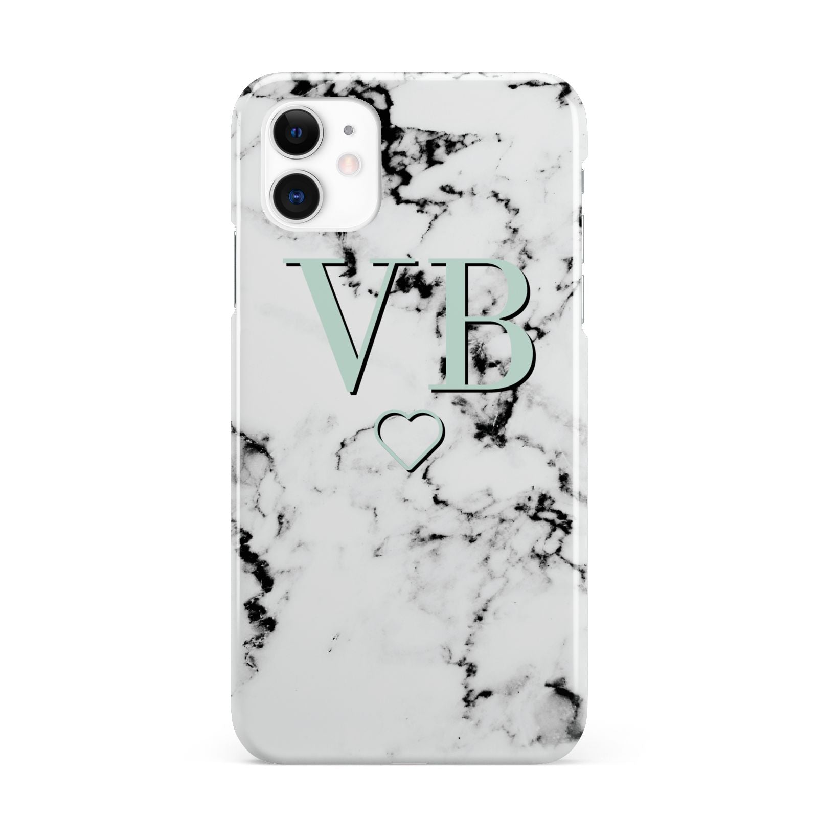 Personalised Mint Monogrammed Heart Marble iPhone 11 3D Snap Case