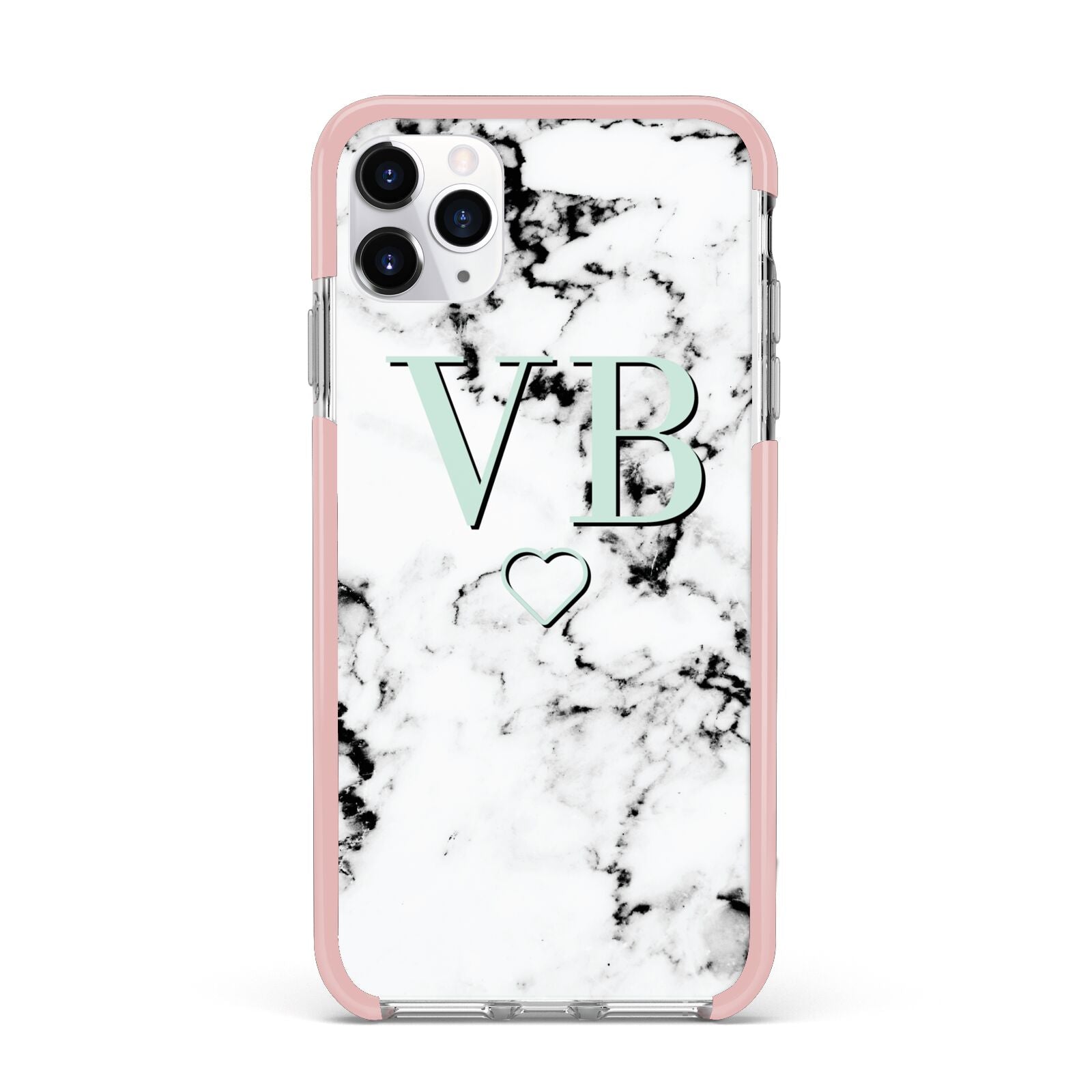 Personalised Mint Monogrammed Heart Marble iPhone 11 Pro Max Impact Pink Edge Case