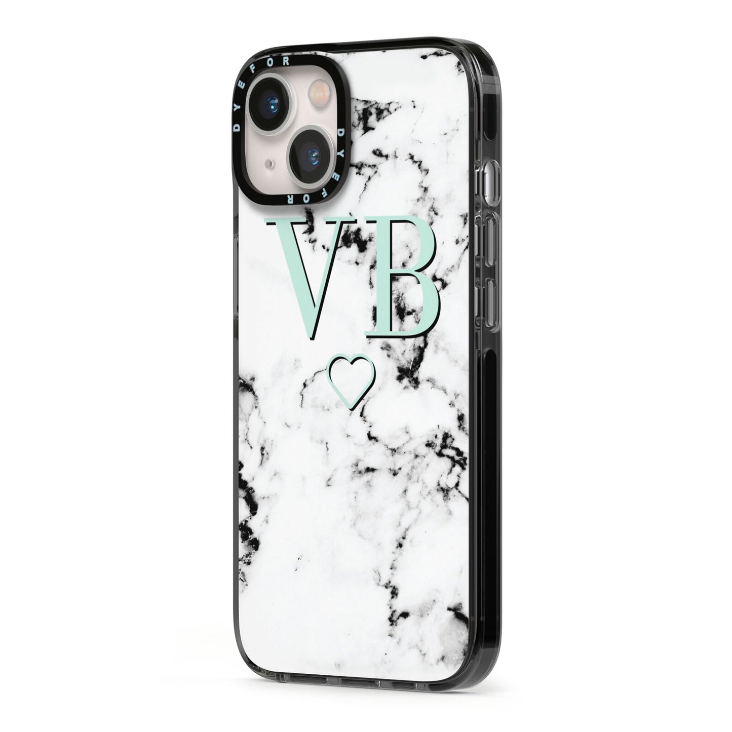 Personalised Mint Monogrammed Heart Marble iPhone 13 Black Impact Case Side Angle on Silver phone