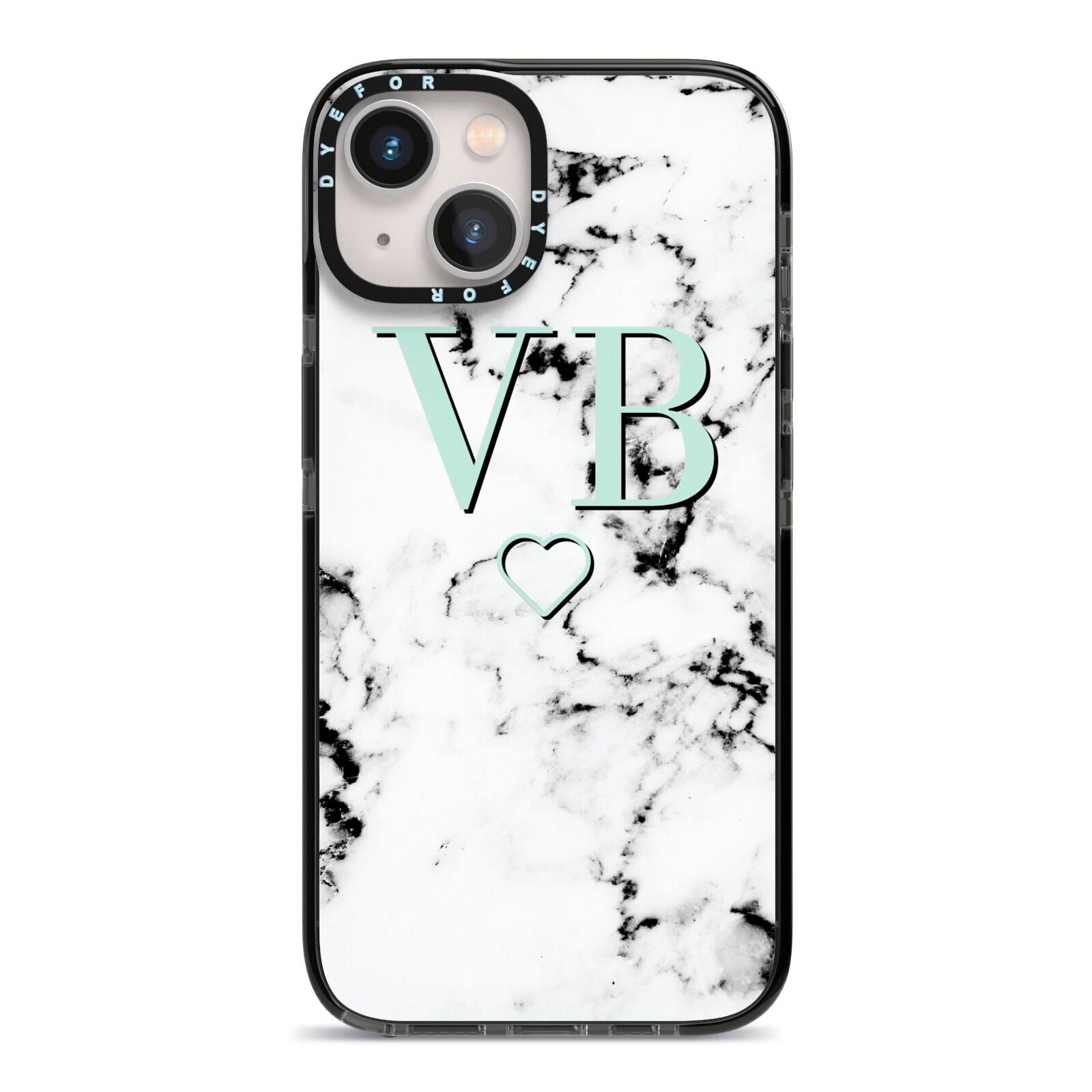 Personalised Mint Monogrammed Heart Marble iPhone 13 Black Impact Case on Silver phone