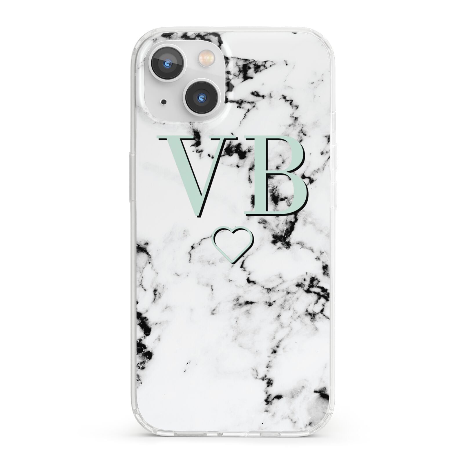 Personalised Mint Monogrammed Heart Marble iPhone 13 Clear Bumper Case