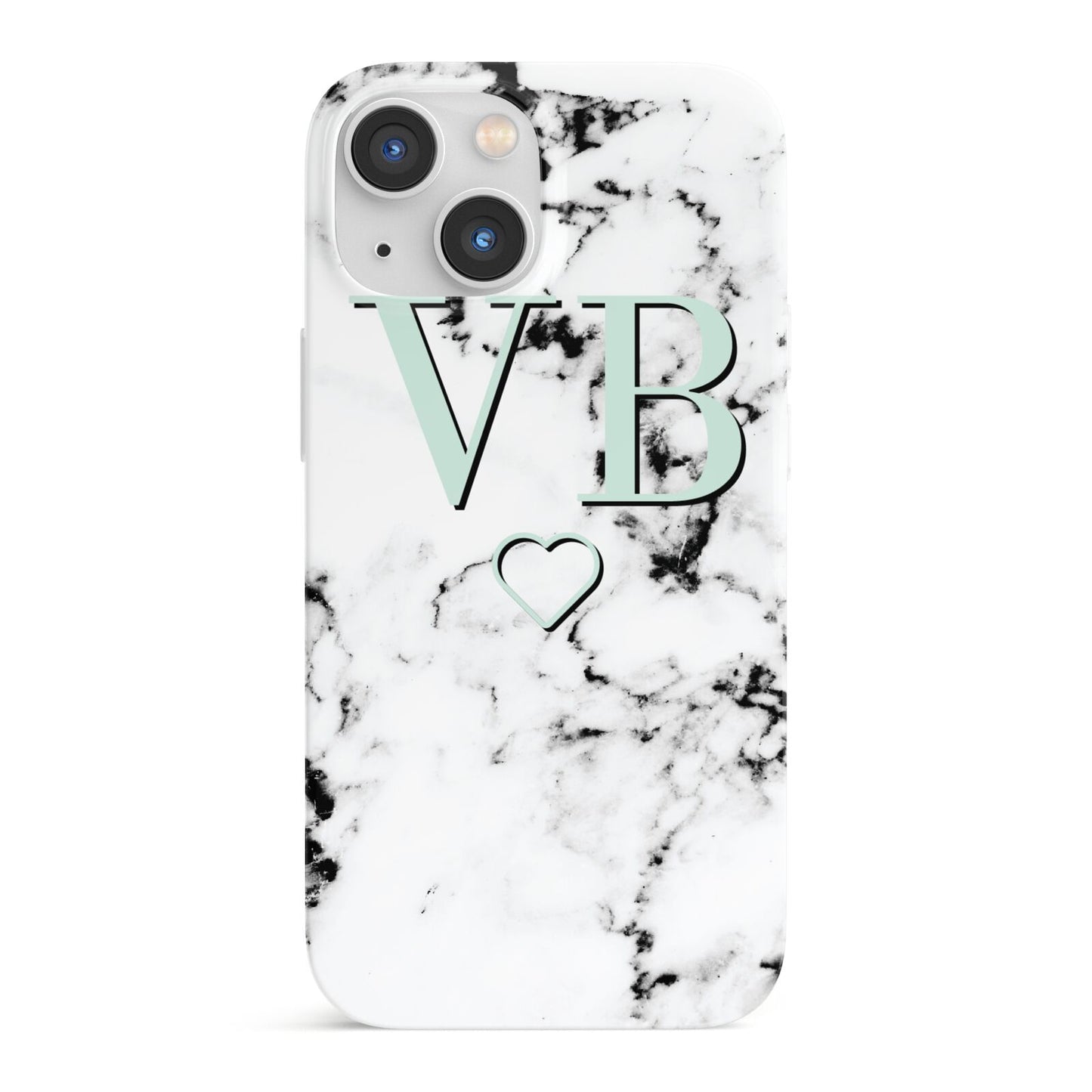 Personalised Mint Monogrammed Heart Marble iPhone 13 Mini Full Wrap 3D Snap Case