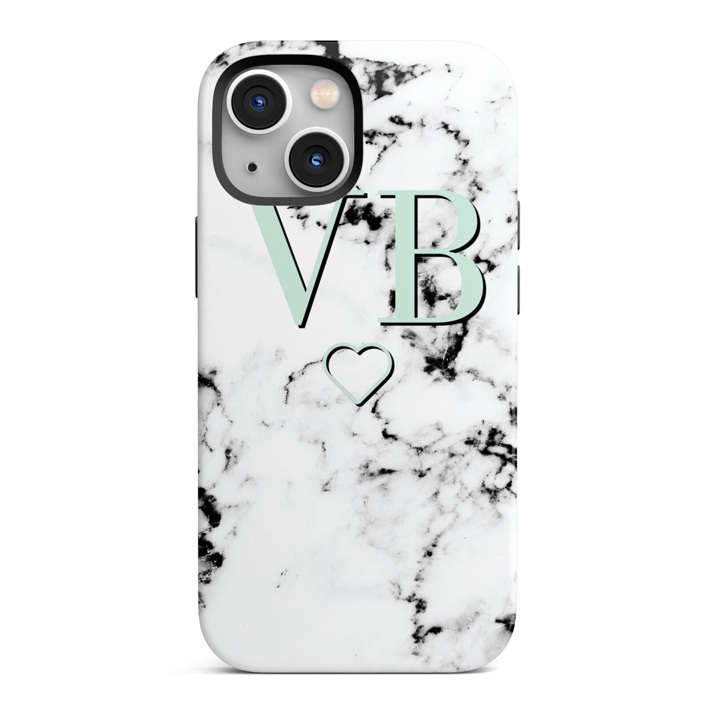 Personalised Mint Monogrammed Heart Marble iPhone 13 Mini Full Wrap 3D Tough Case