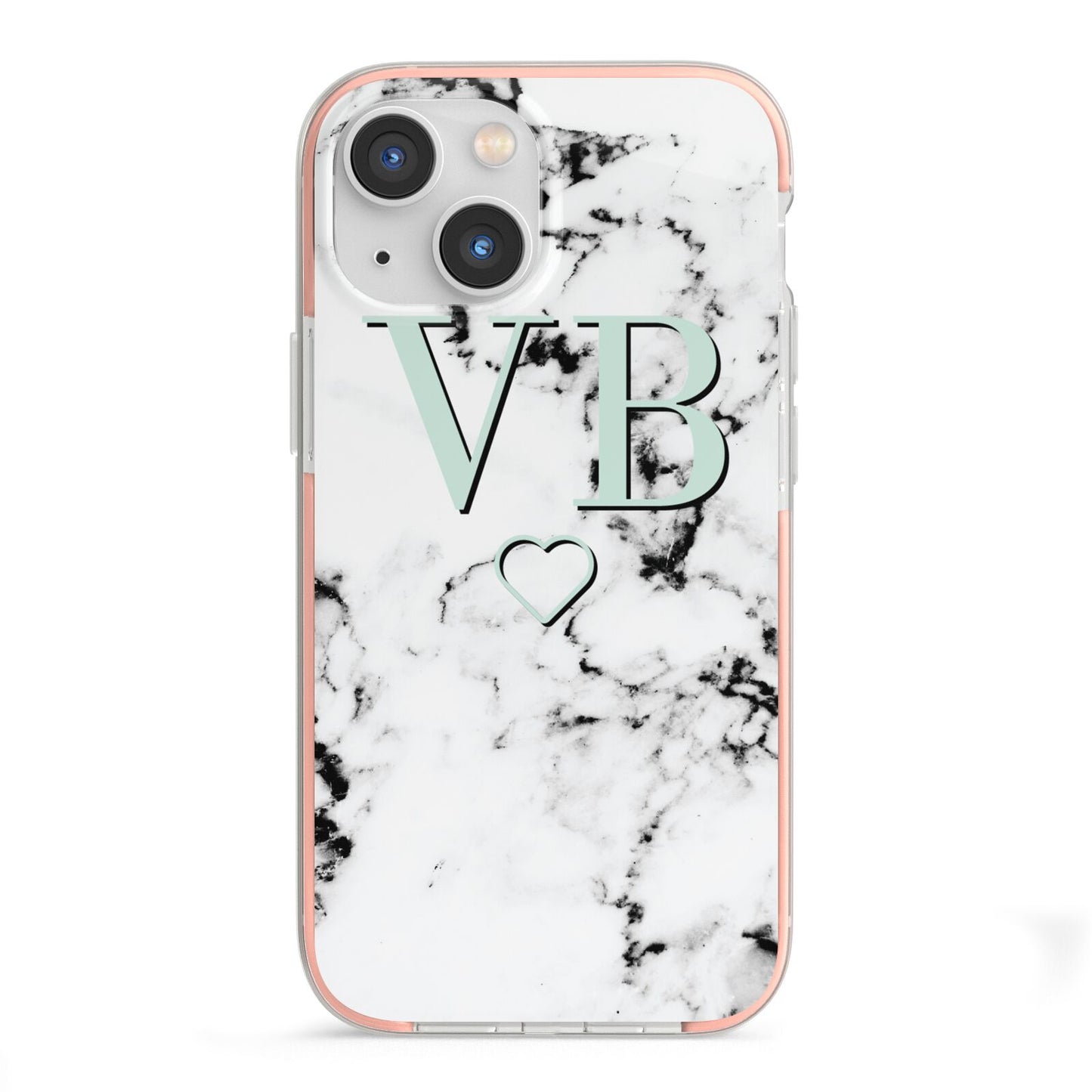 Personalised Mint Monogrammed Heart Marble iPhone 13 Mini TPU Impact Case with Pink Edges