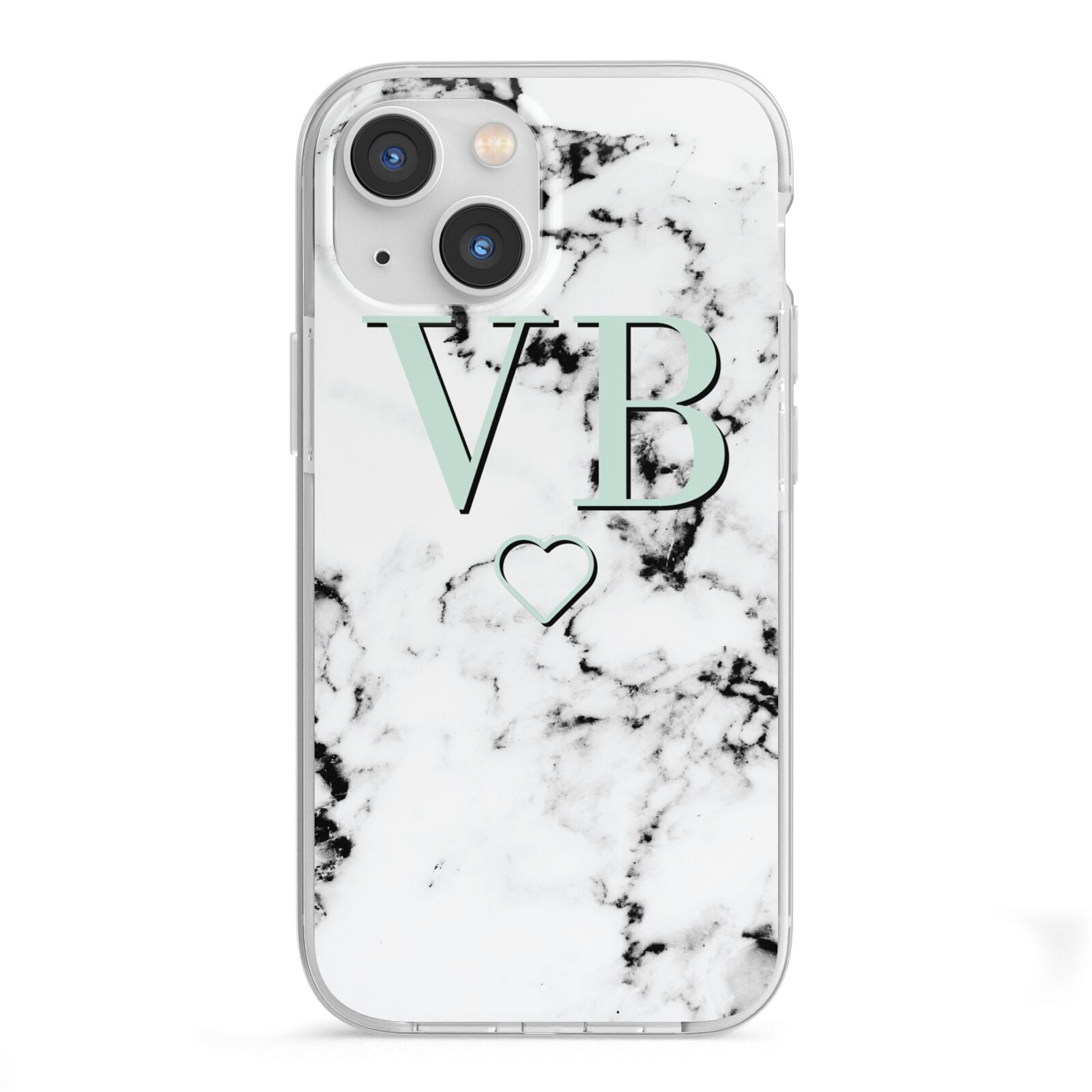 Personalised Mint Monogrammed Heart Marble iPhone 13 Mini TPU Impact Case with White Edges