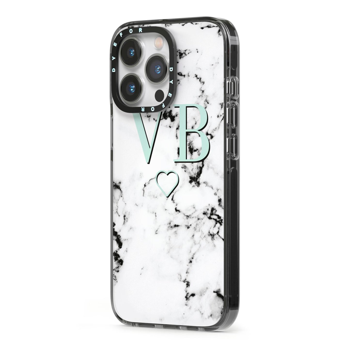 Personalised Mint Monogrammed Heart Marble iPhone 13 Pro Black Impact Case Side Angle on Silver phone
